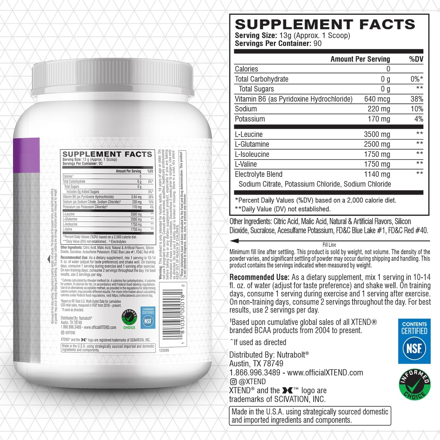 Xtend etiqueta nutricional detallada con 7g BCAA y 2.5g L‑glutamina