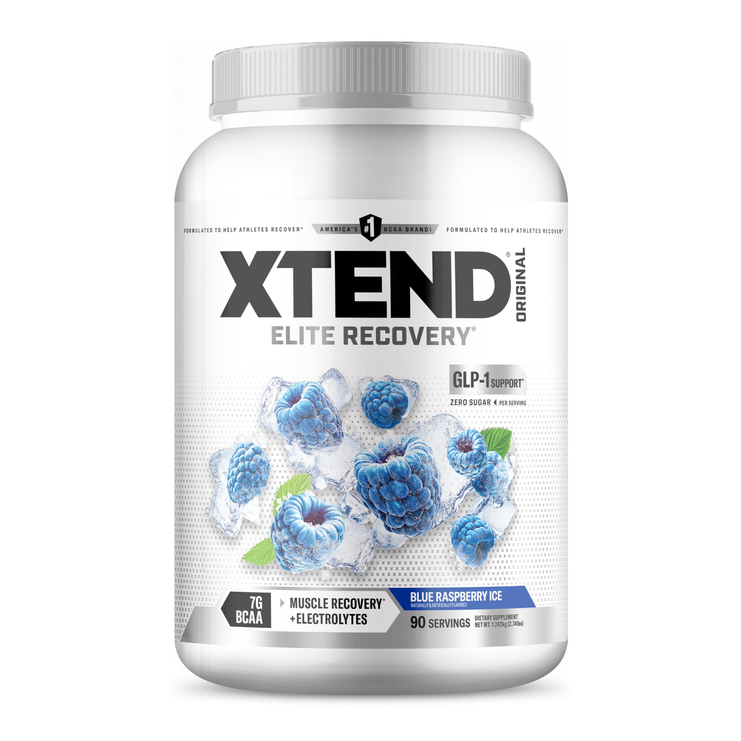 Xtend envase frontal Blue Raspberry Ice mostrando beneficios de recuperación