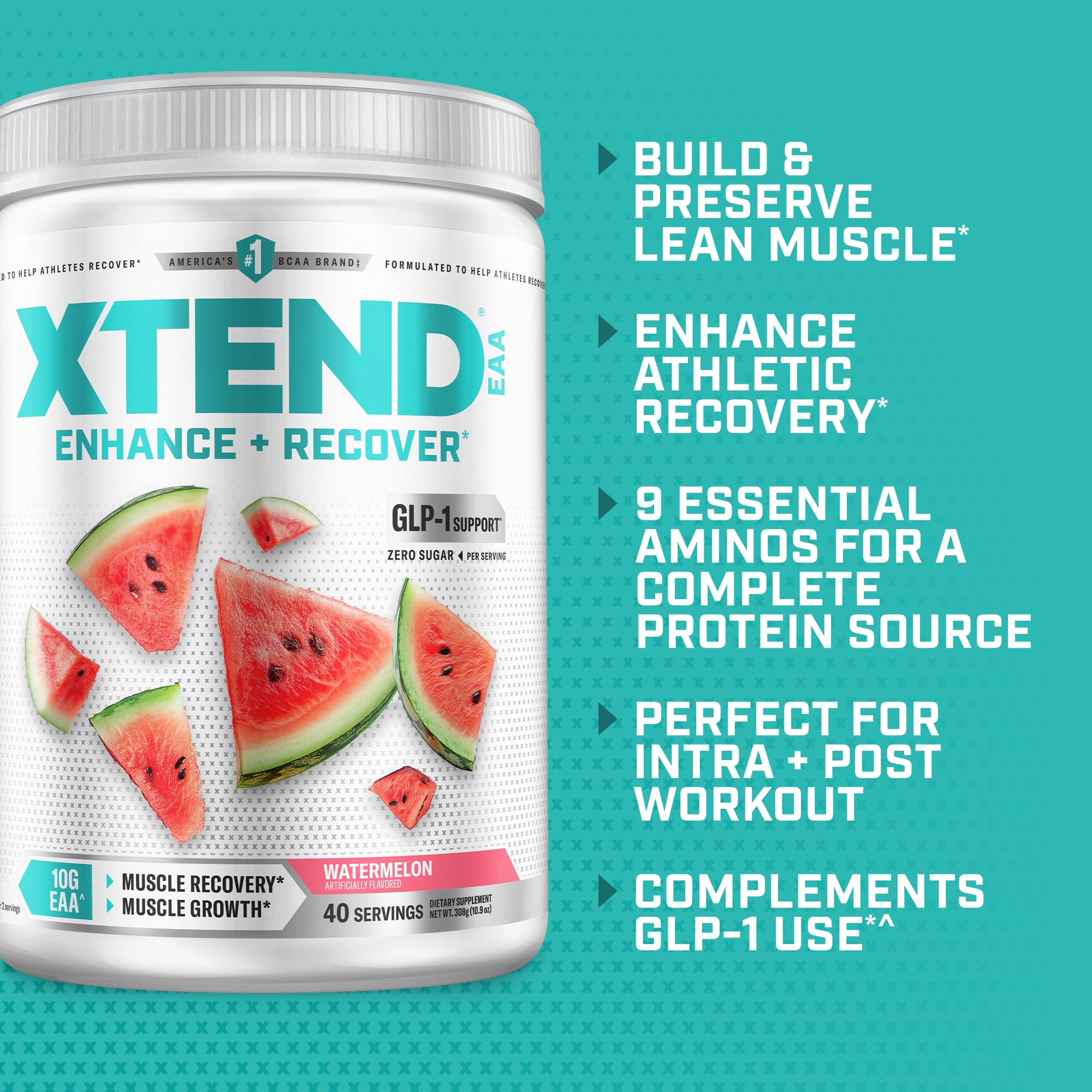 Xtend etiqueta con información nutricional indicando 9 aminoácidos esenciales