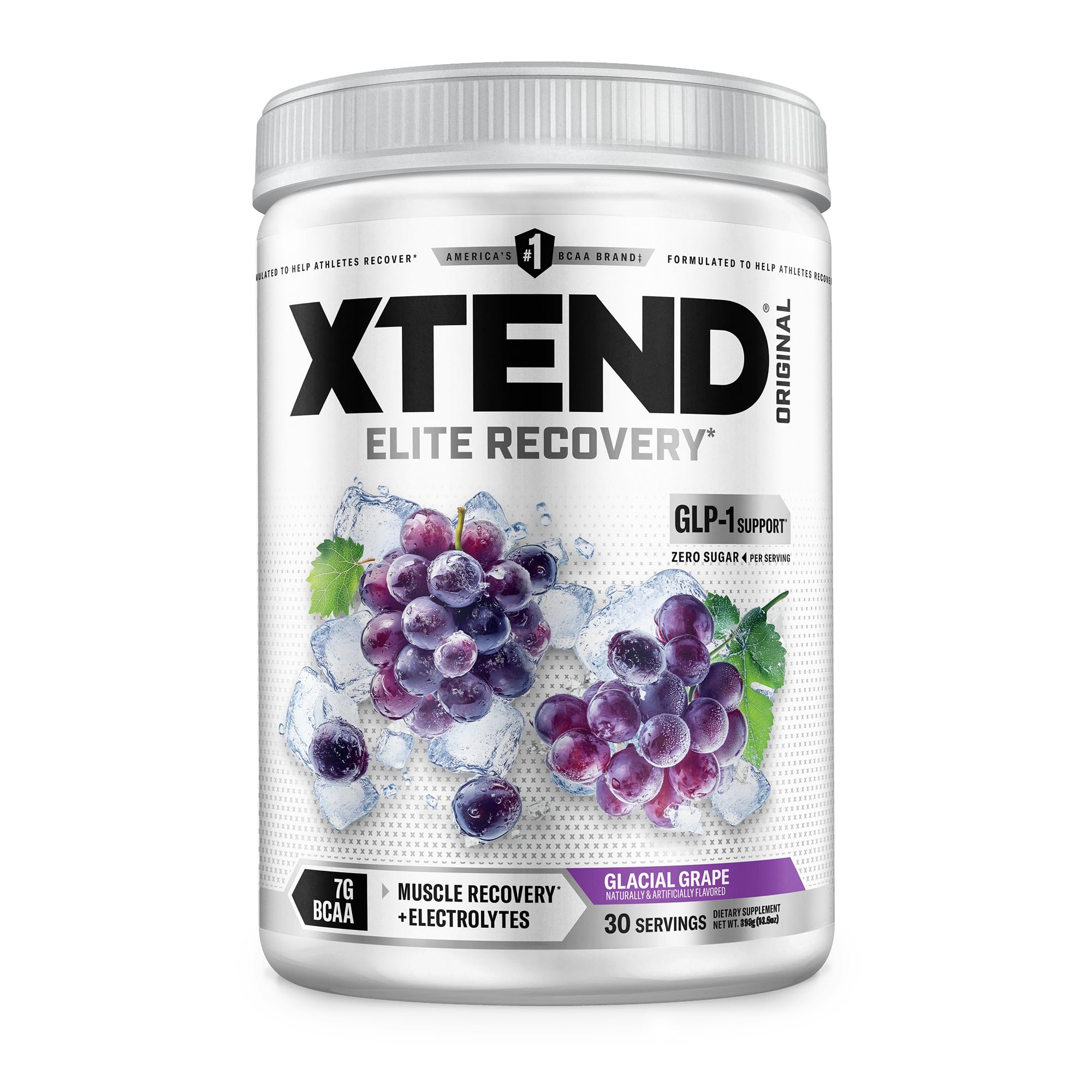 Xtend envase frontal Glacial Grape mostrando diseño y cantidad 30 servicios, identificación clara