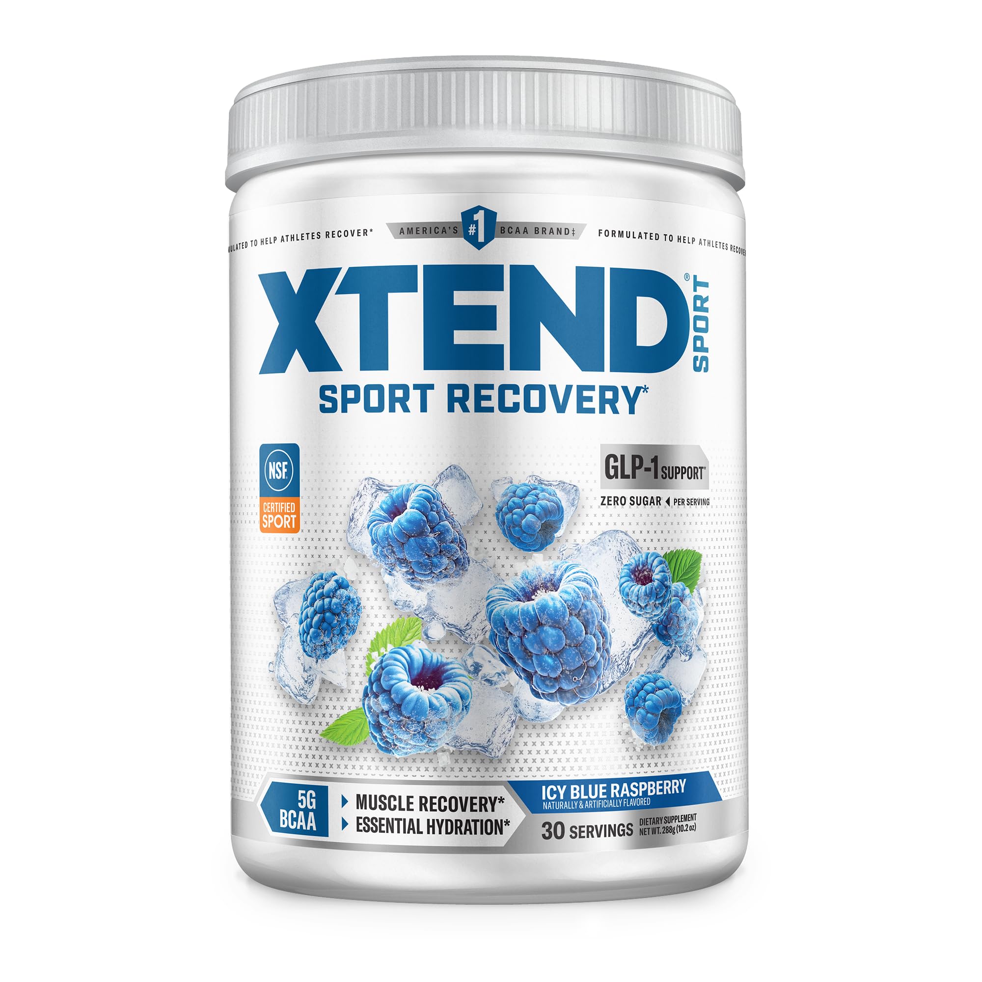 XTEND envase frontal Blue Raspberry Ice mostrando 30 porciones y beneficios de recuperación