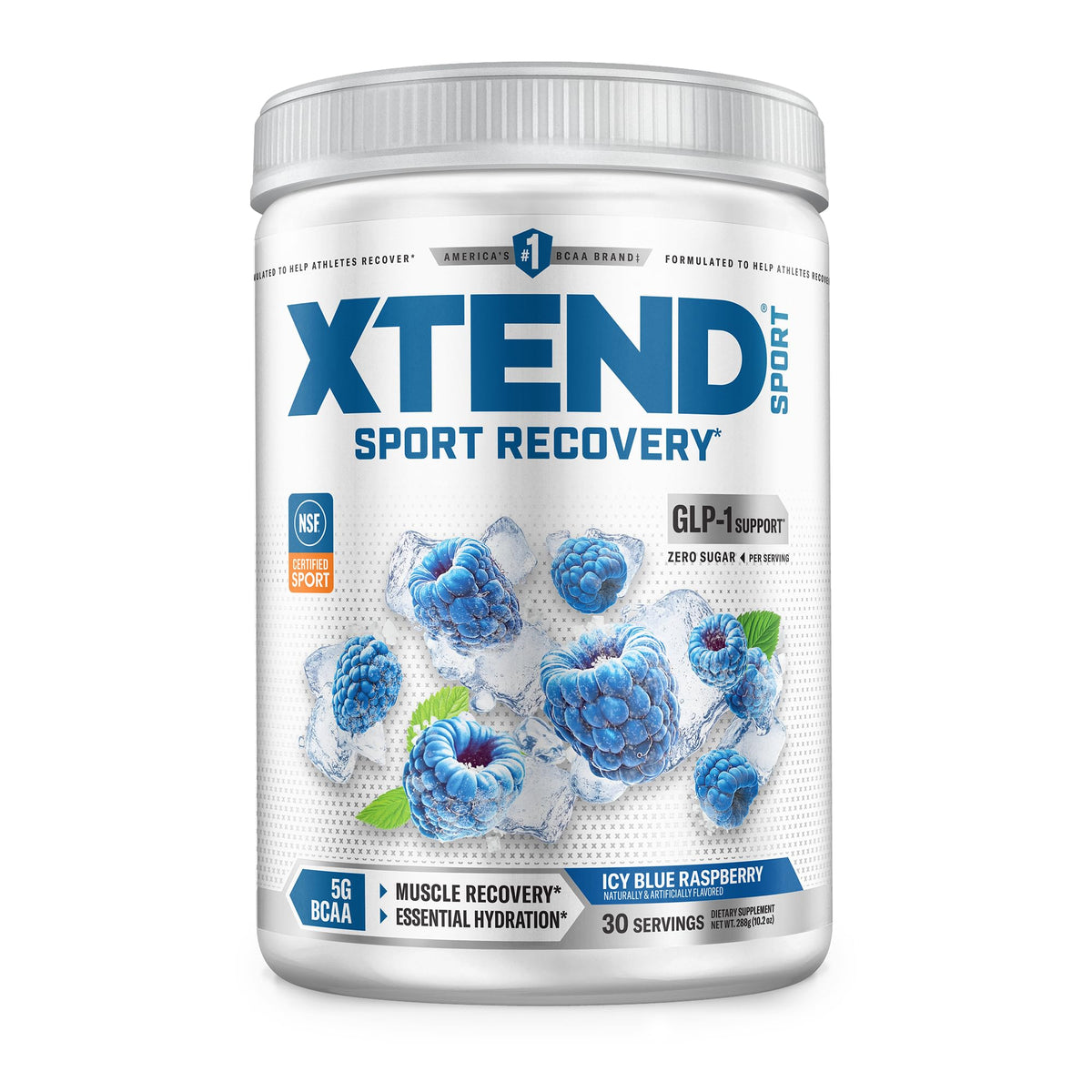 XTEND envase frontal Blue Raspberry Ice mostrando 30 porciones y beneficios de recuperación