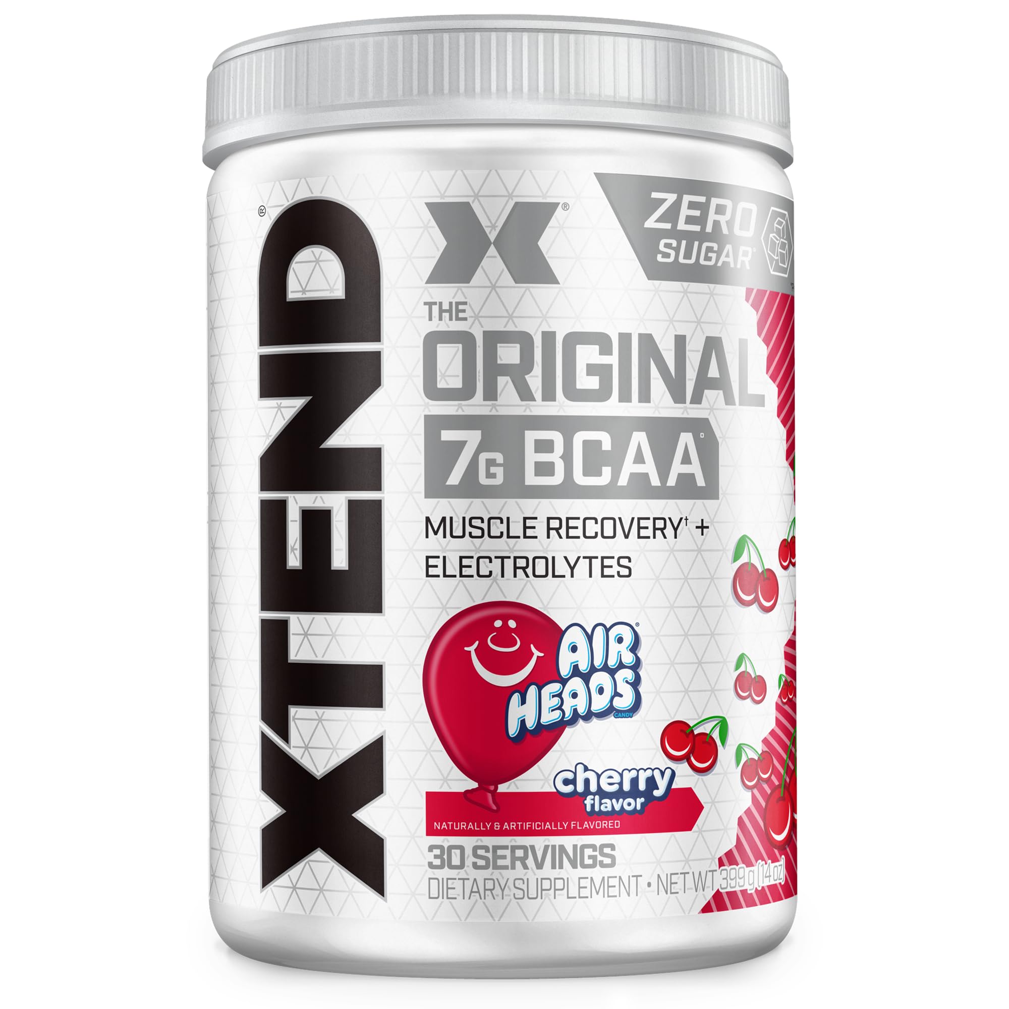 Xtend envase frente mostrando 30 porciones y sabor Cherry Airheads, beneficio recuperación