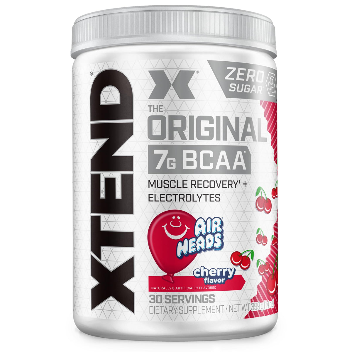 Xtend envase frente mostrando 30 porciones y sabor Cherry Airheads, beneficio recuperación