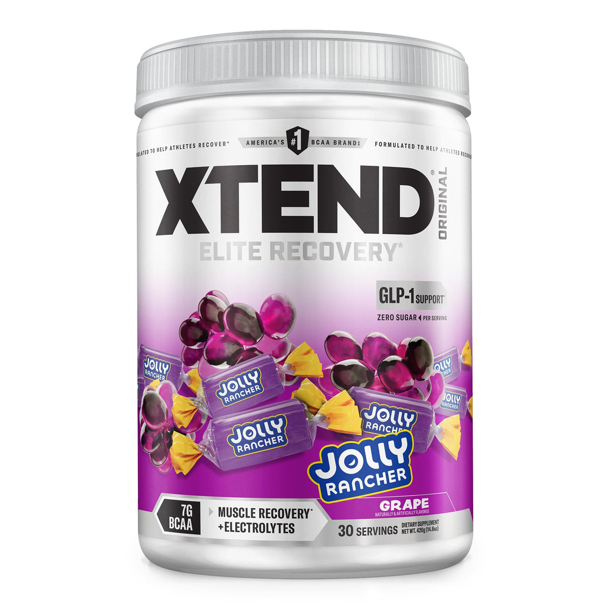 Xtend envase frontal sabor Uva Jolly Rancher mostrando diseño y beneficios
