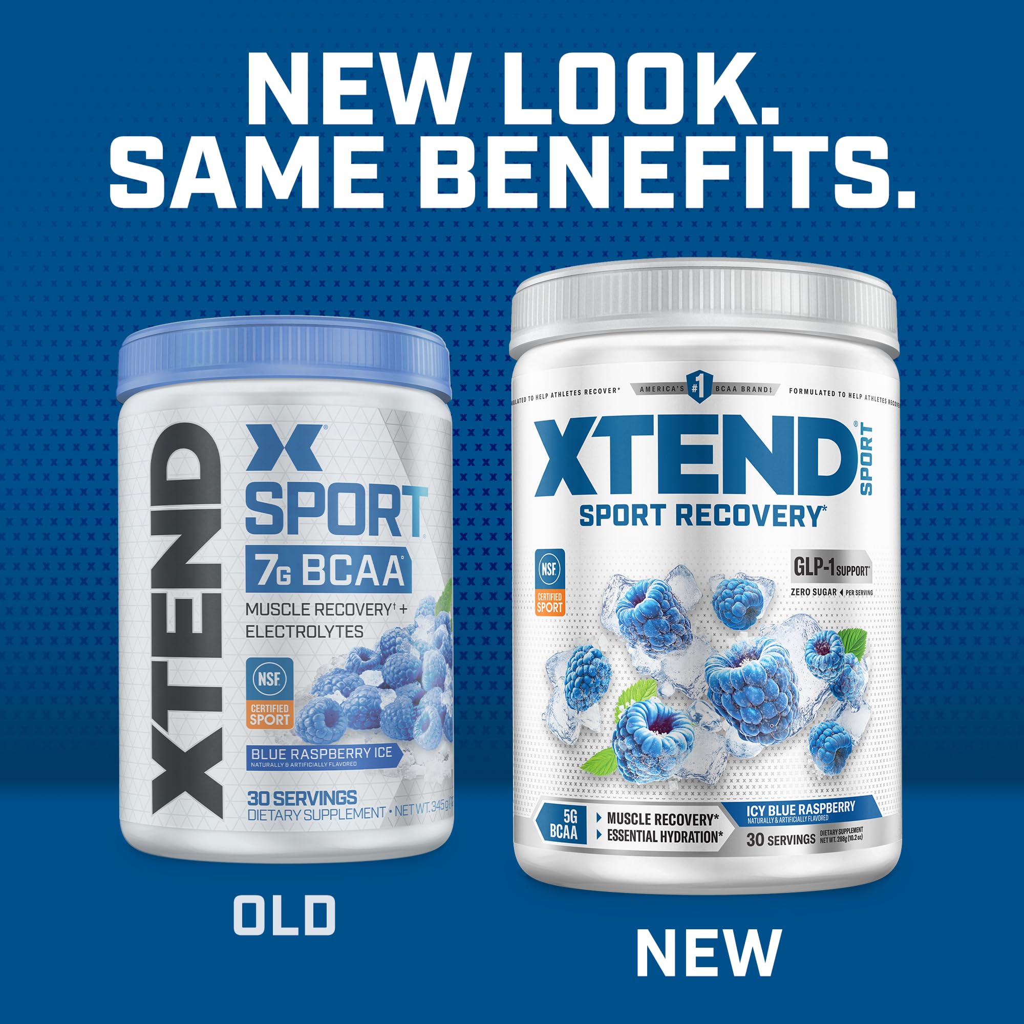 XTEND vaso con bebida azul preparada indicando hidratación y sabor Blue Raspberry Ice