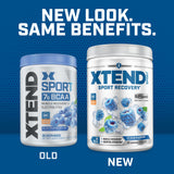 XTEND vaso con bebida azul preparada indicando hidratación y sabor Blue Raspberry Ice