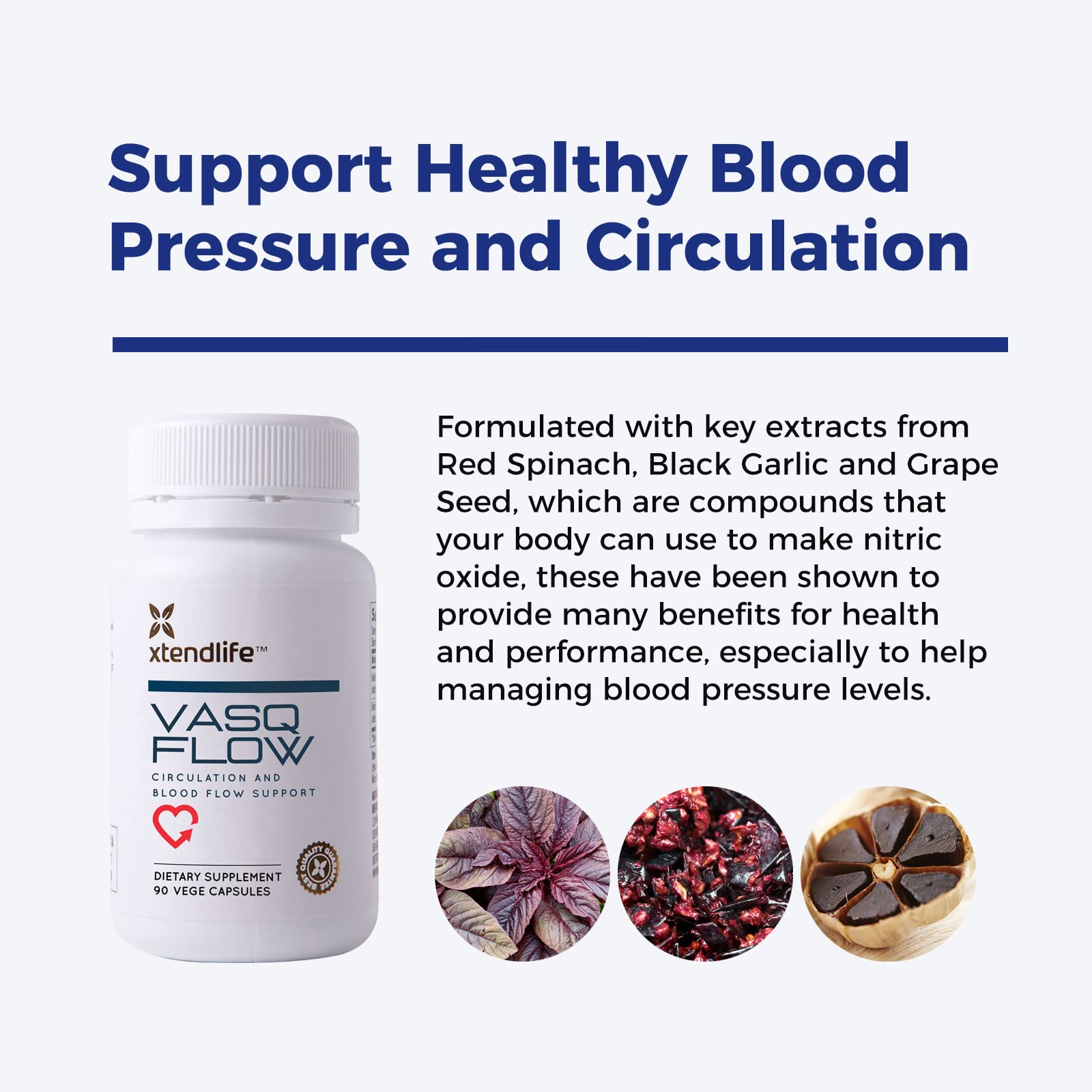 Xtendlife VasQFlow ingredientes: espinaca roja y ajo envejecido, apoyo vegetal