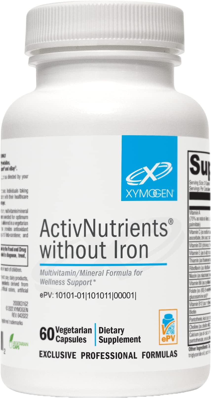 XYMOGEN frasco frontal sin hierro mostrando la etiqueta y beneficio de soporte multinutricional