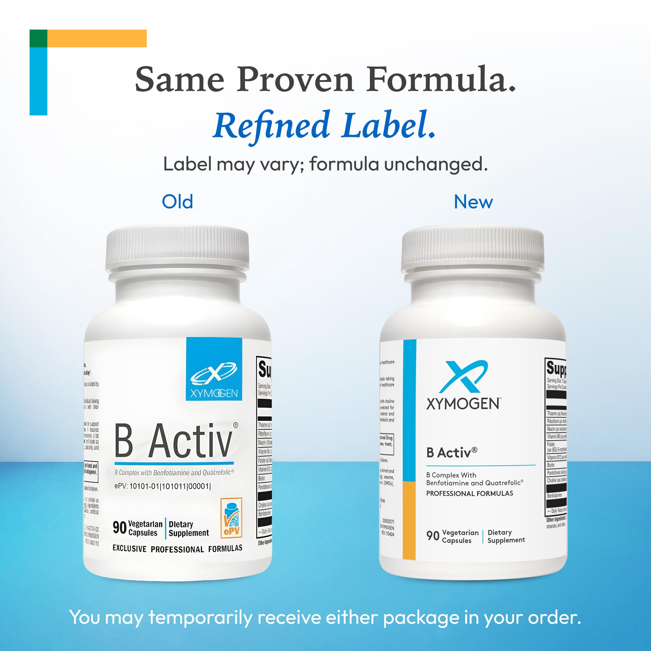 XYMOGEN B Activ etiqueta con lista de ingredientes y beneficios claros