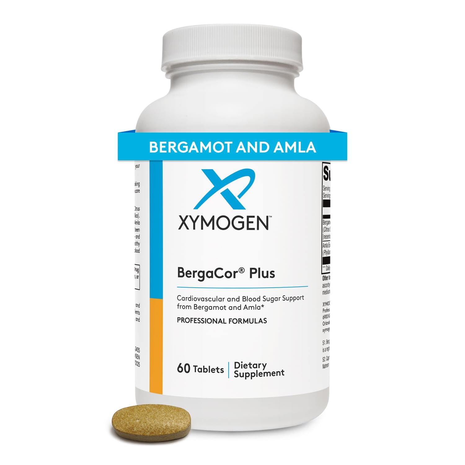 XYMOGEN envase BergaCor Plus mostrando diseño frontal y beneficio cardiovascular