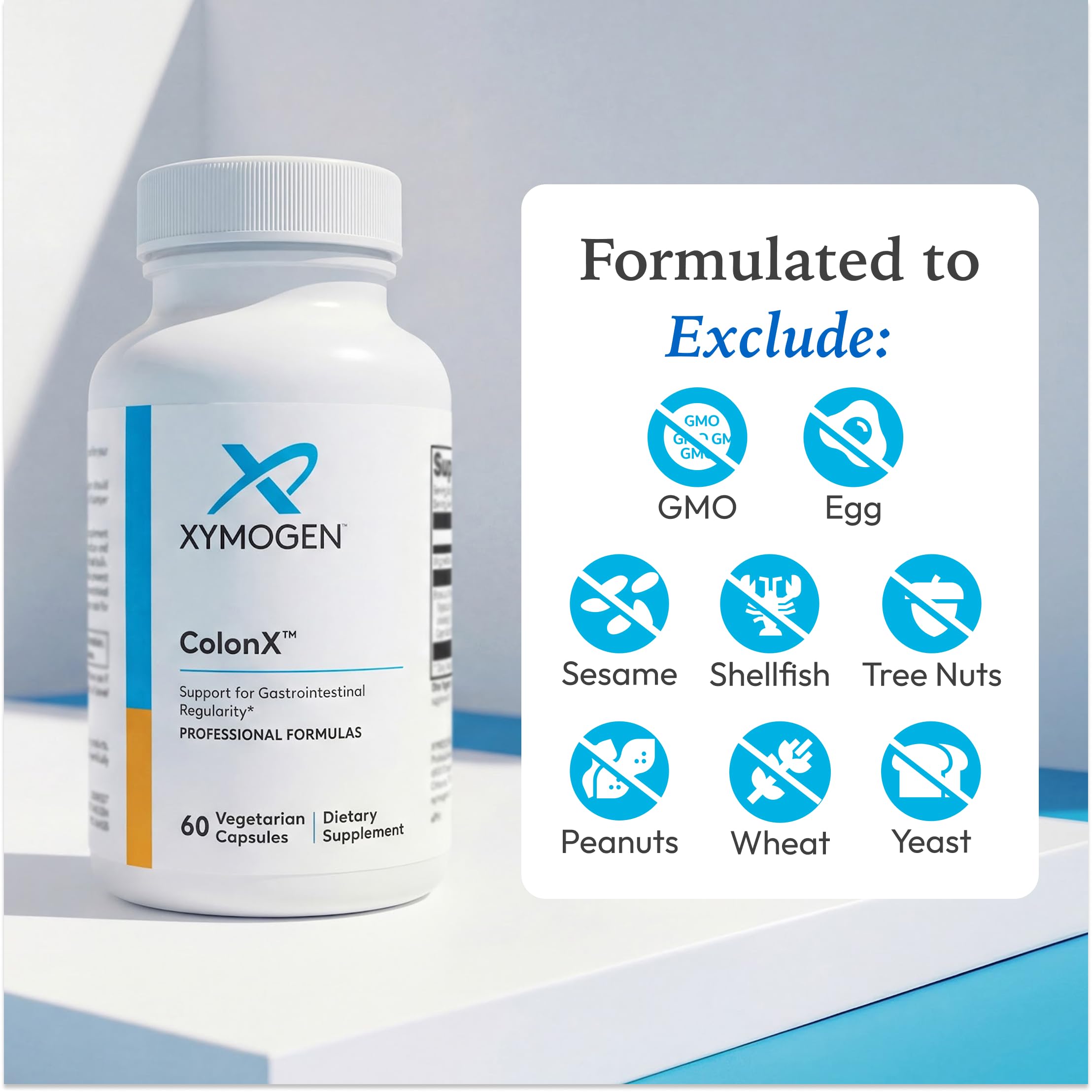 XYMOGEN bote ColonX abierto con cápsulas visibles para almacenamiento seguro