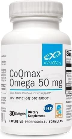 XYMOGEN envase CoQmax Omega frente mostrando marca y beneficio