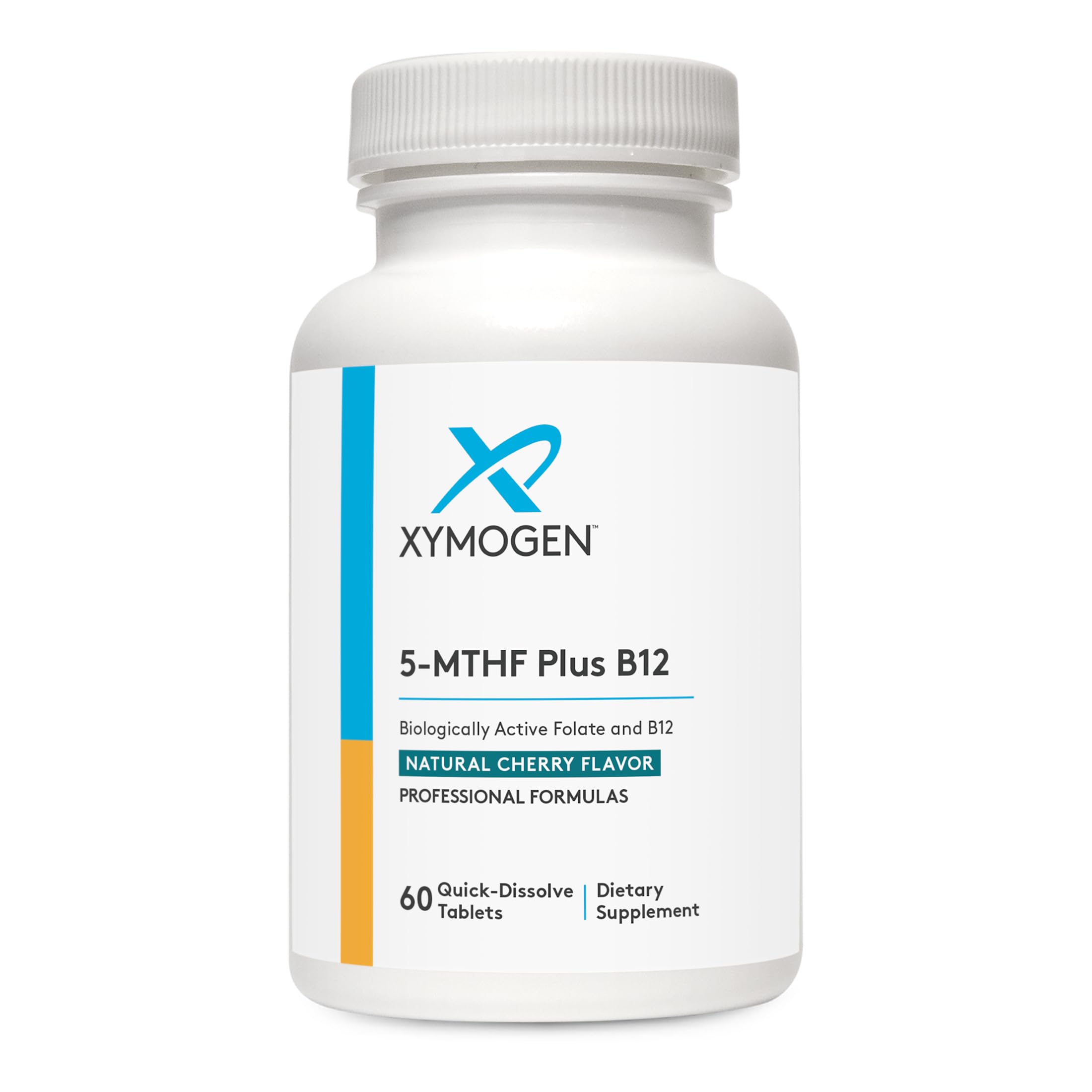 XYMOGEN envase frontal de 5-MTHF Plus B12 mostrando marca y beneficios