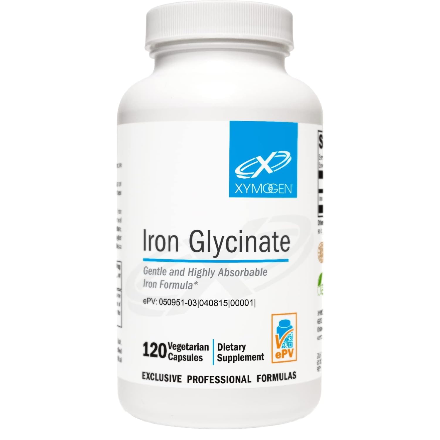 XYMOGEN envase frontal del Iron Glycinate mostrando diseño y beneficio de absorción