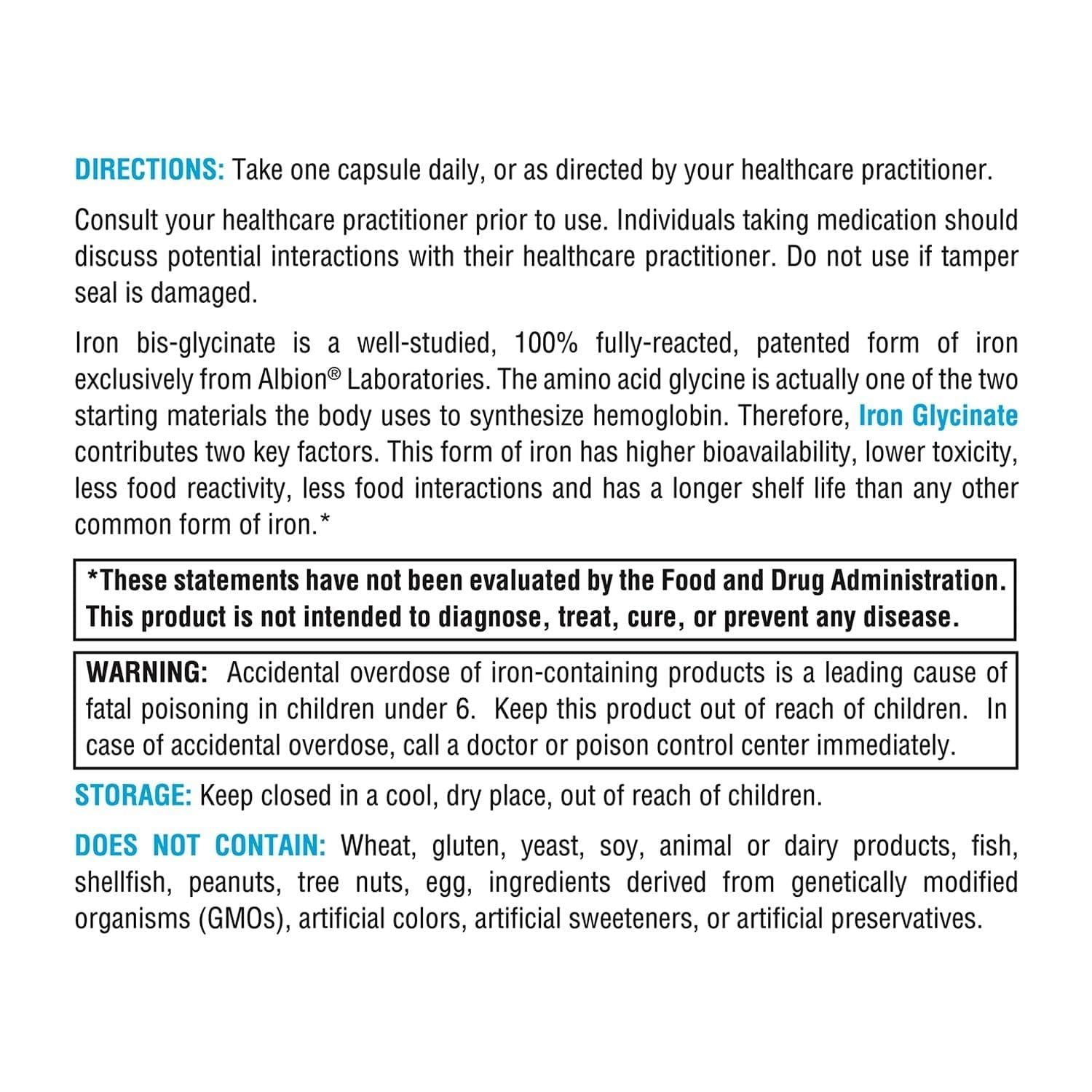 XYMOGEN etiqueta de ingredientes del Iron Glycinate indicando fórmula libre de alérgenos