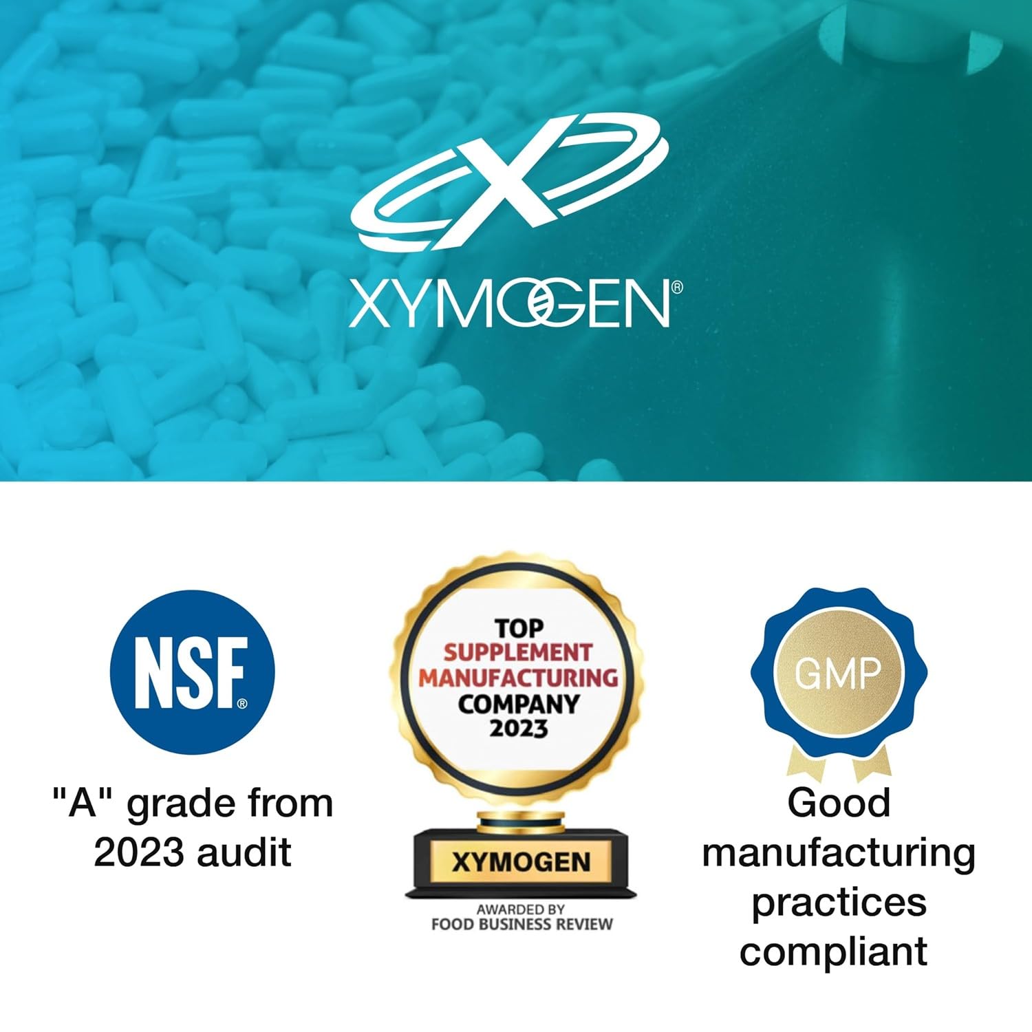 XYMOGEN cápsula en mano para comparar tamaño y facilidad