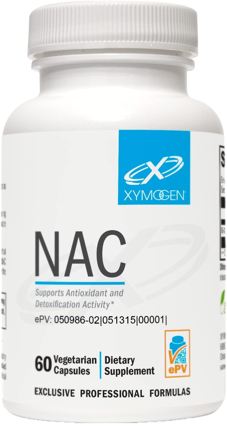 XYMOGEN frasco frontal de NAC con 60 cápsulas muestra dosis clara