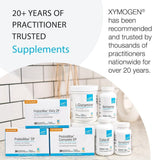 XYMOGEN cápsula junto a regla para compararla y mostrar tamaño