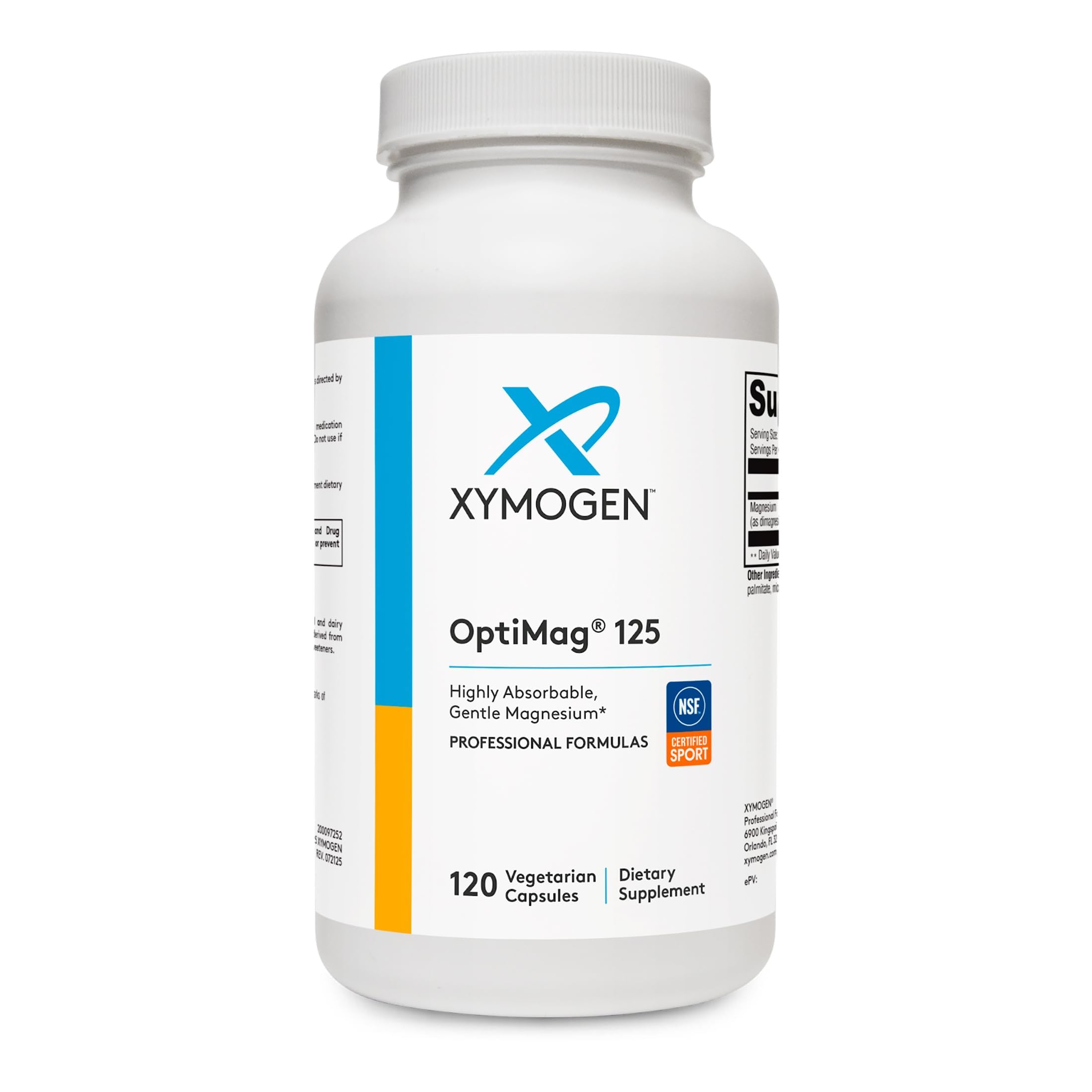 XYMOGEN frasco delantero mostrando OptiMag 125 y beneficios claros