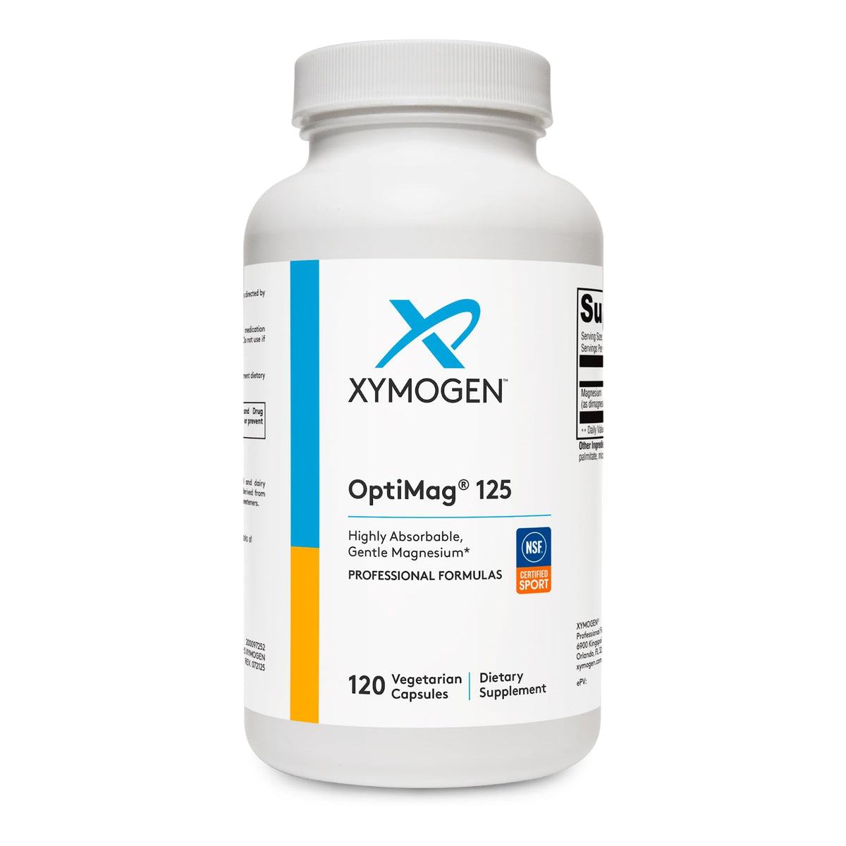 XYMOGEN frasco delantero mostrando OptiMag 125 y beneficios claros