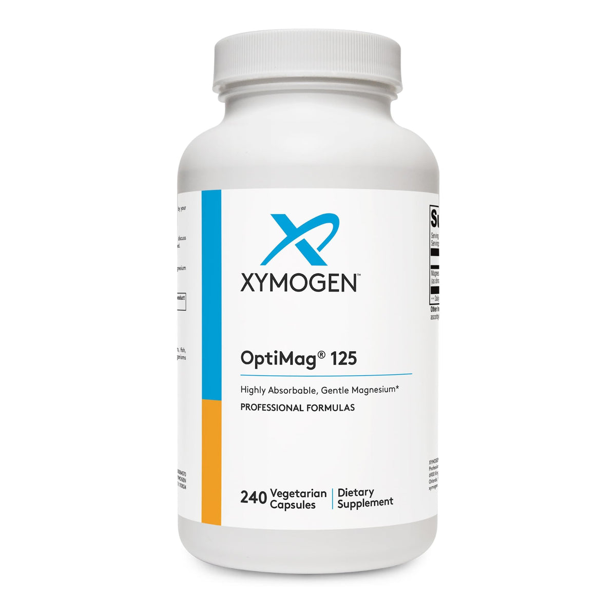 XYMOGEN botella frontal mostrando 240 cápsulas y beneficio de abastecimiento prolongado