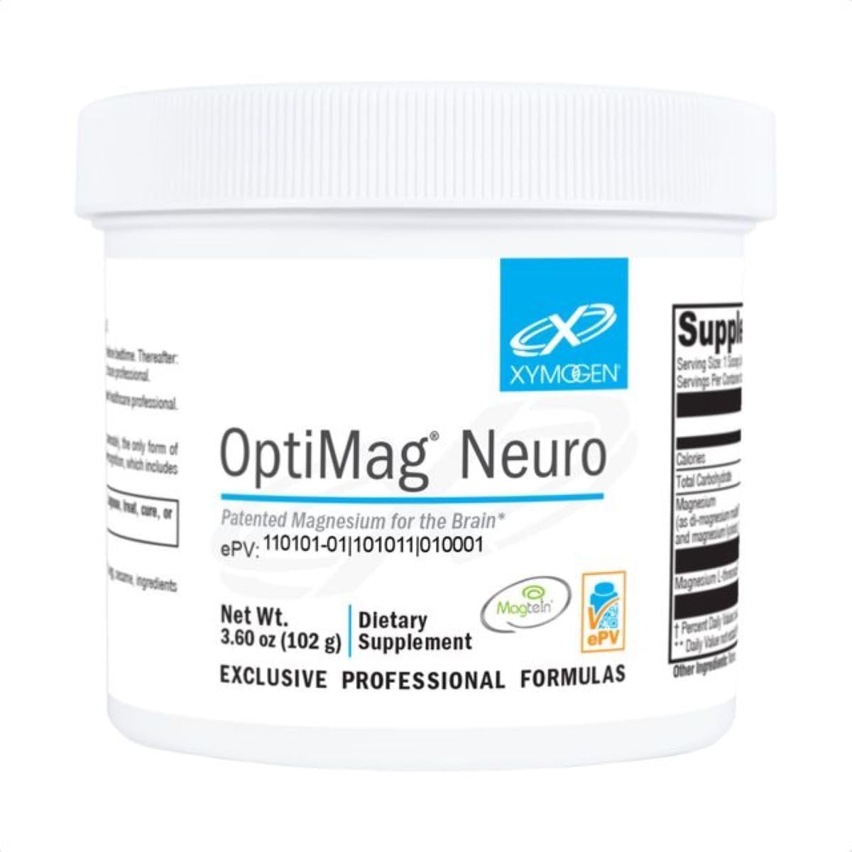 XYMOGEN envase OptiMag Neuro frente, muestra portabilidad y pureza