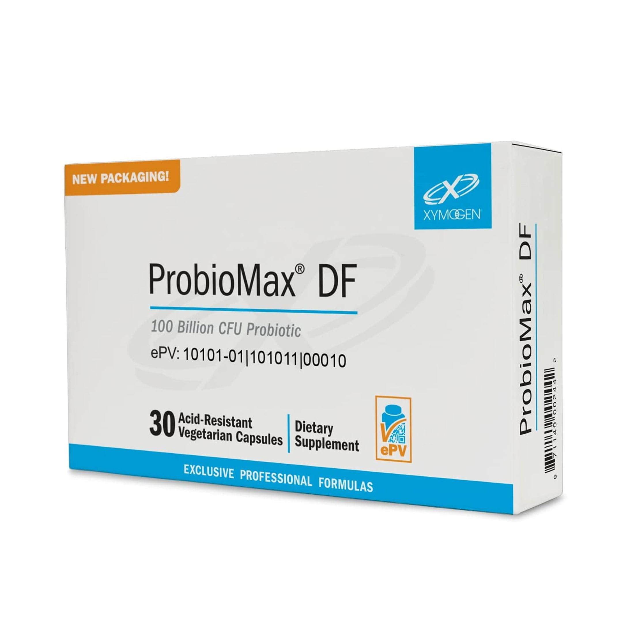 XYMOGEN envase frontal ProbioMax Daily 100B mostrando beneficio de apoyo digestivo