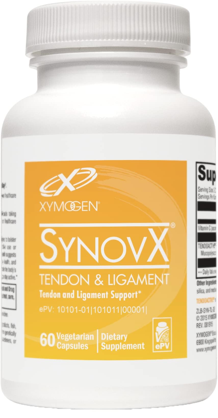 XYMOGEN envase frontal mostrando suplemento para apoyo de tendones y ligamentos
