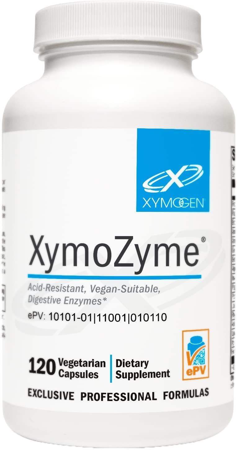 Producto XYMOGEN XymoZyme frontal mostrando envase y beneficios veganos