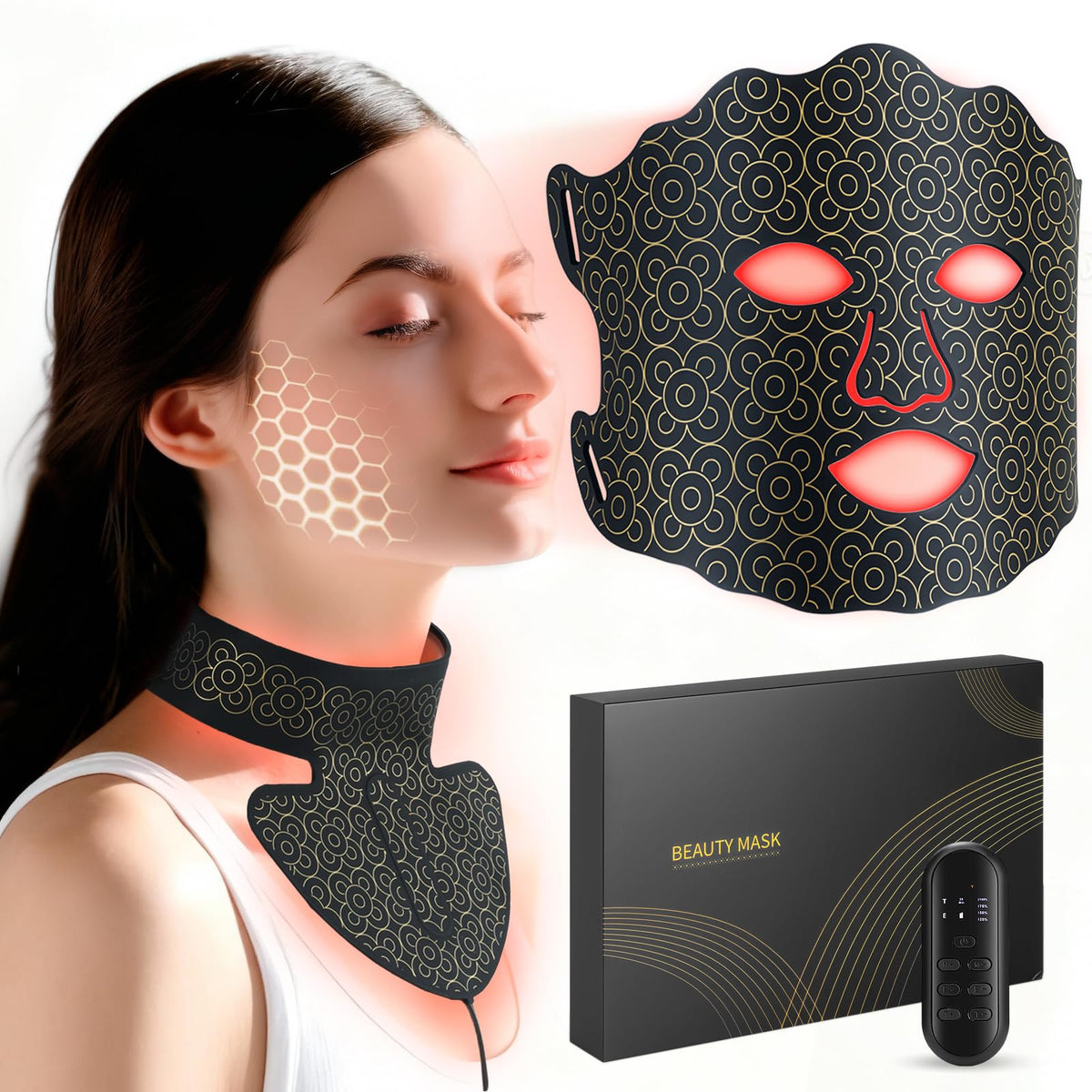 Yenjuty máscara frontal mostrando LEDs y ajuste cómodo para piel