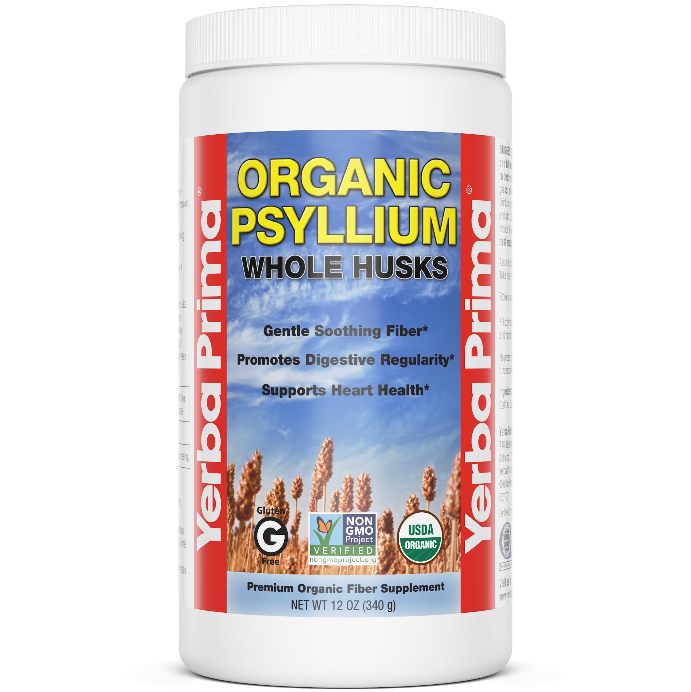 Yerba Prima envase frontal de psyllium integral mostrando diseño y tamaño