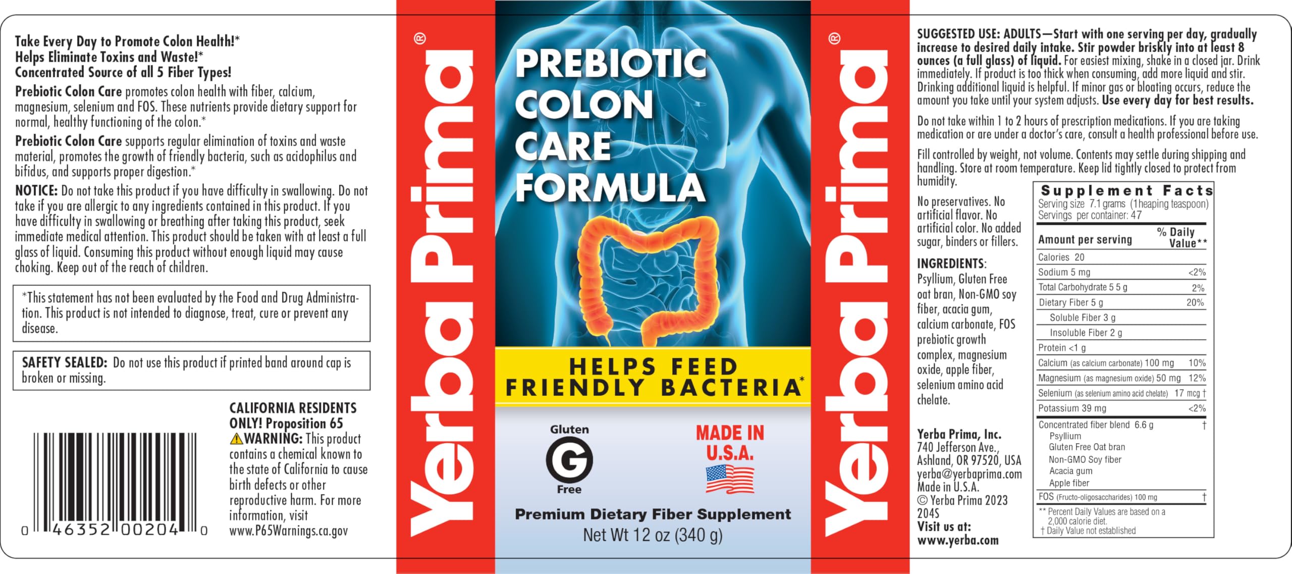 Yerba Prima etiqueta con lista de ingredientes y detalles clave