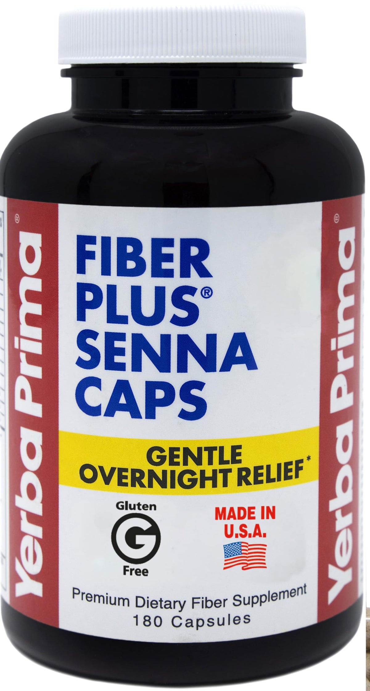 Yerba Prima Fiber Plus Senna frontal mostrando el envase y cantidad, ayuda a la regularidad