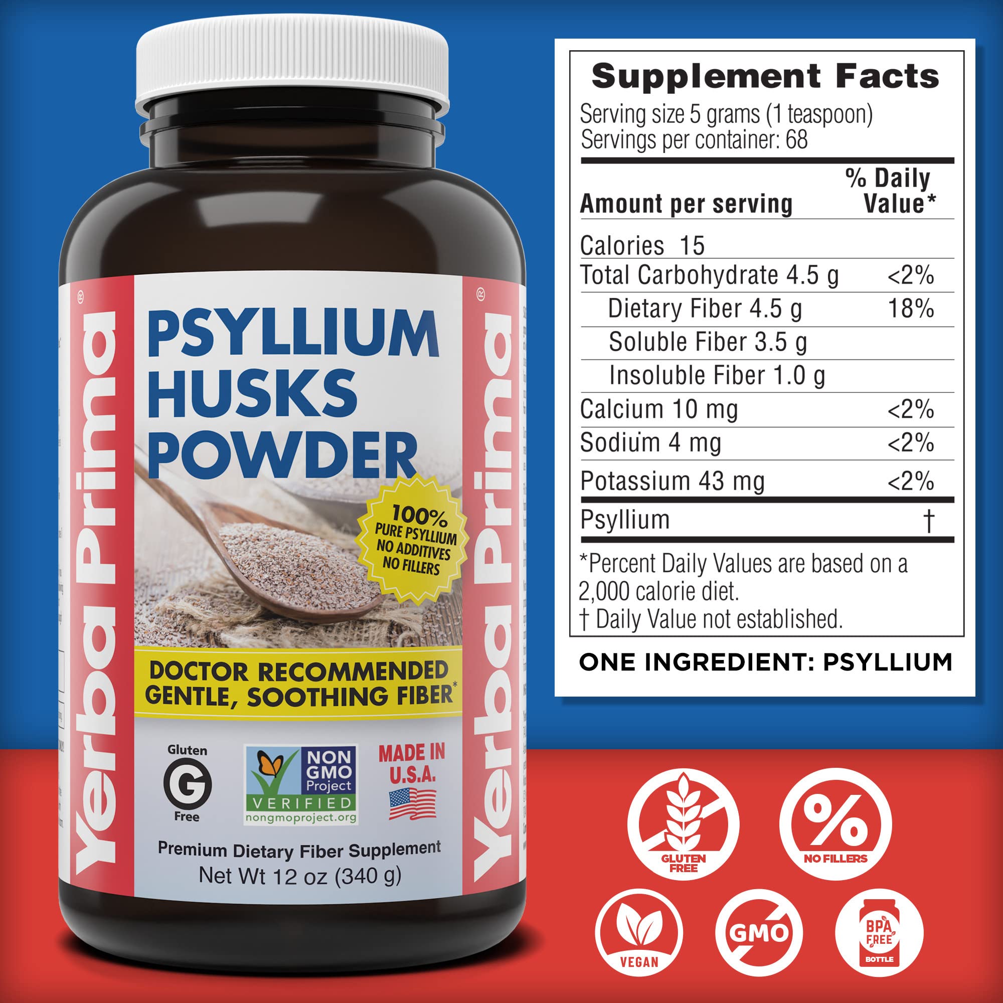 Yerba Prima polvo de psyllium detalle de textura y calidad