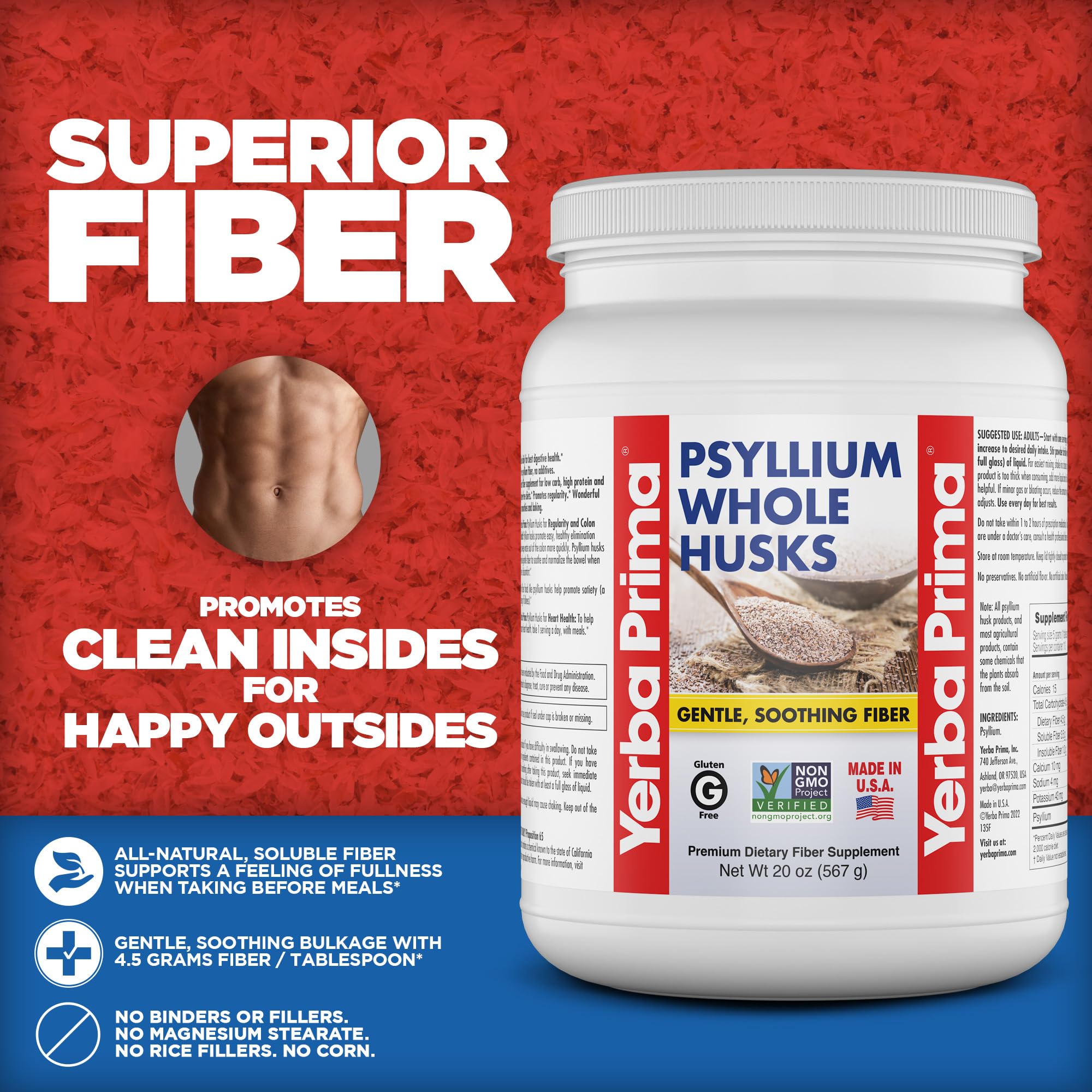 Vaso con agua y psyllium Yerba Prima mezclado listo para beber, fácil uso diario
