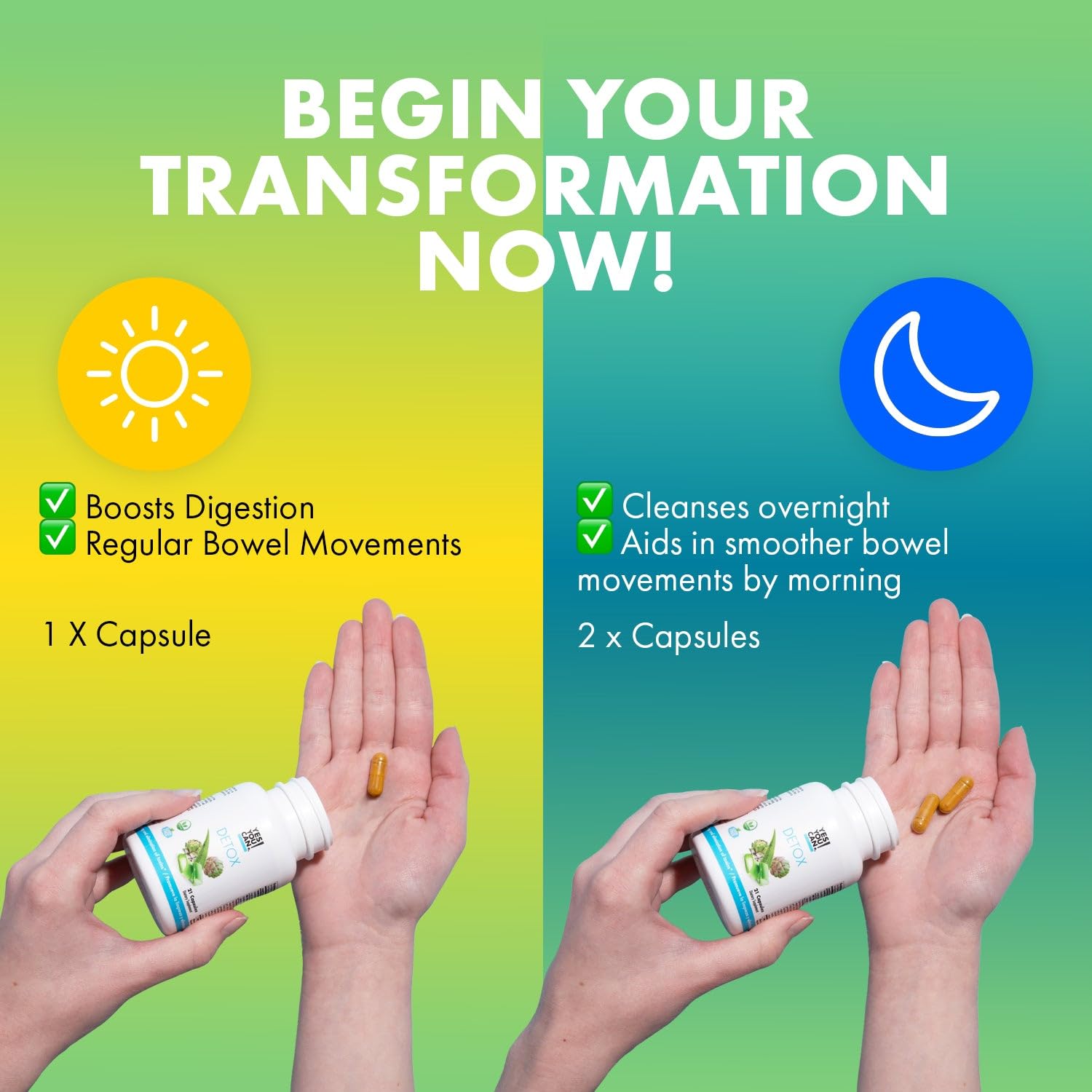 Yes You Can! cápsulas en mano para comparar tamaño y dosificación