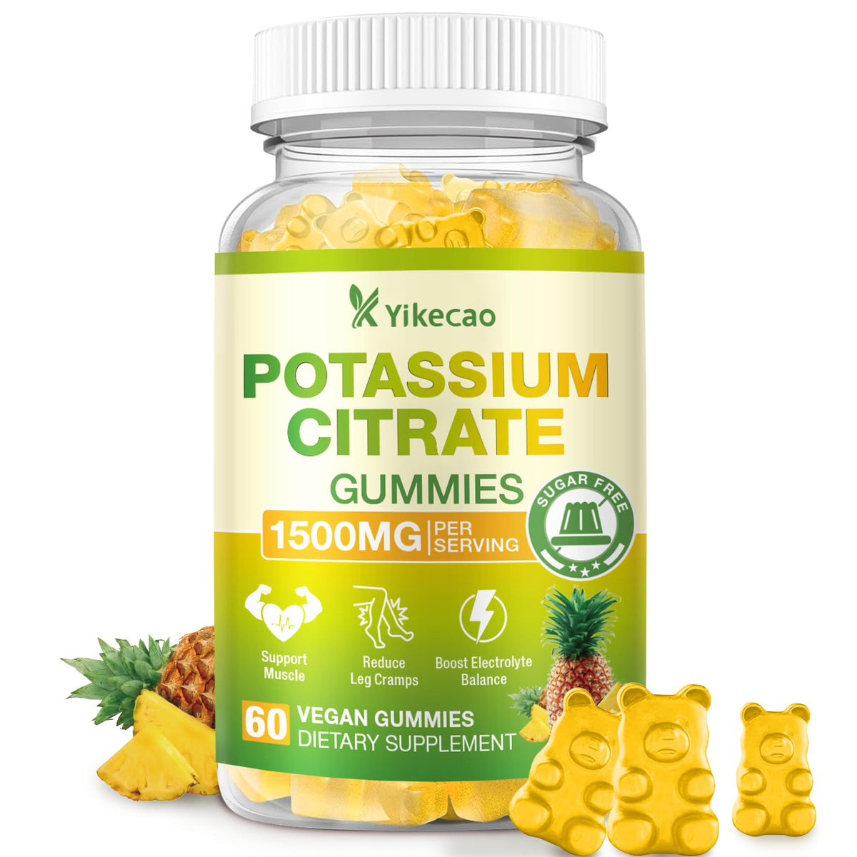 Yikecao frontal del envase mostrando 60 gomitas y beneficios
