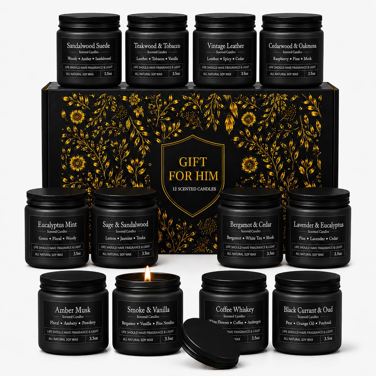 YMing pack frontal con 12 velas mostrando presentación lista para regalo y estilo masculino