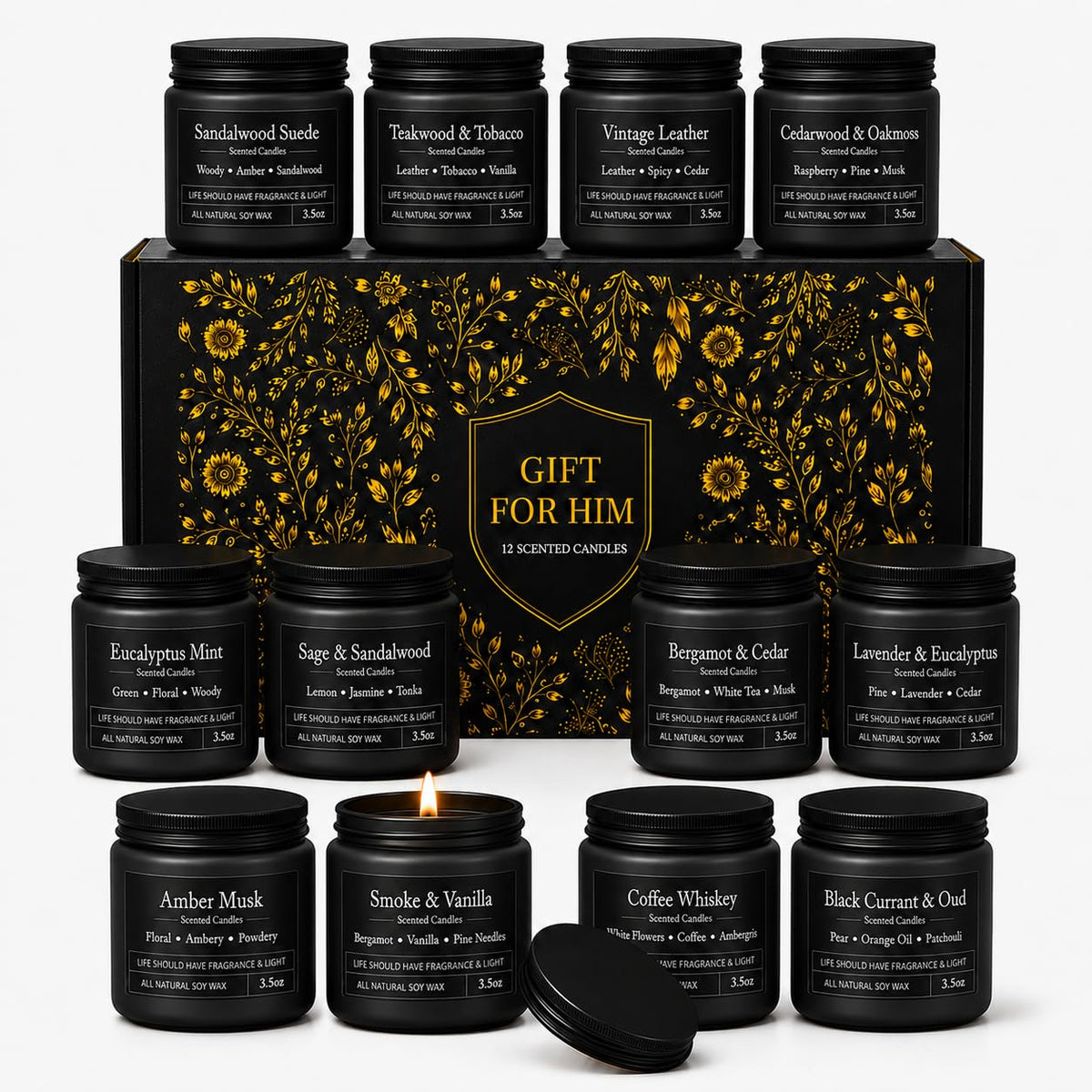 YMing pack frontal con 12 velas mostrando presentación lista para regalo y estilo masculino