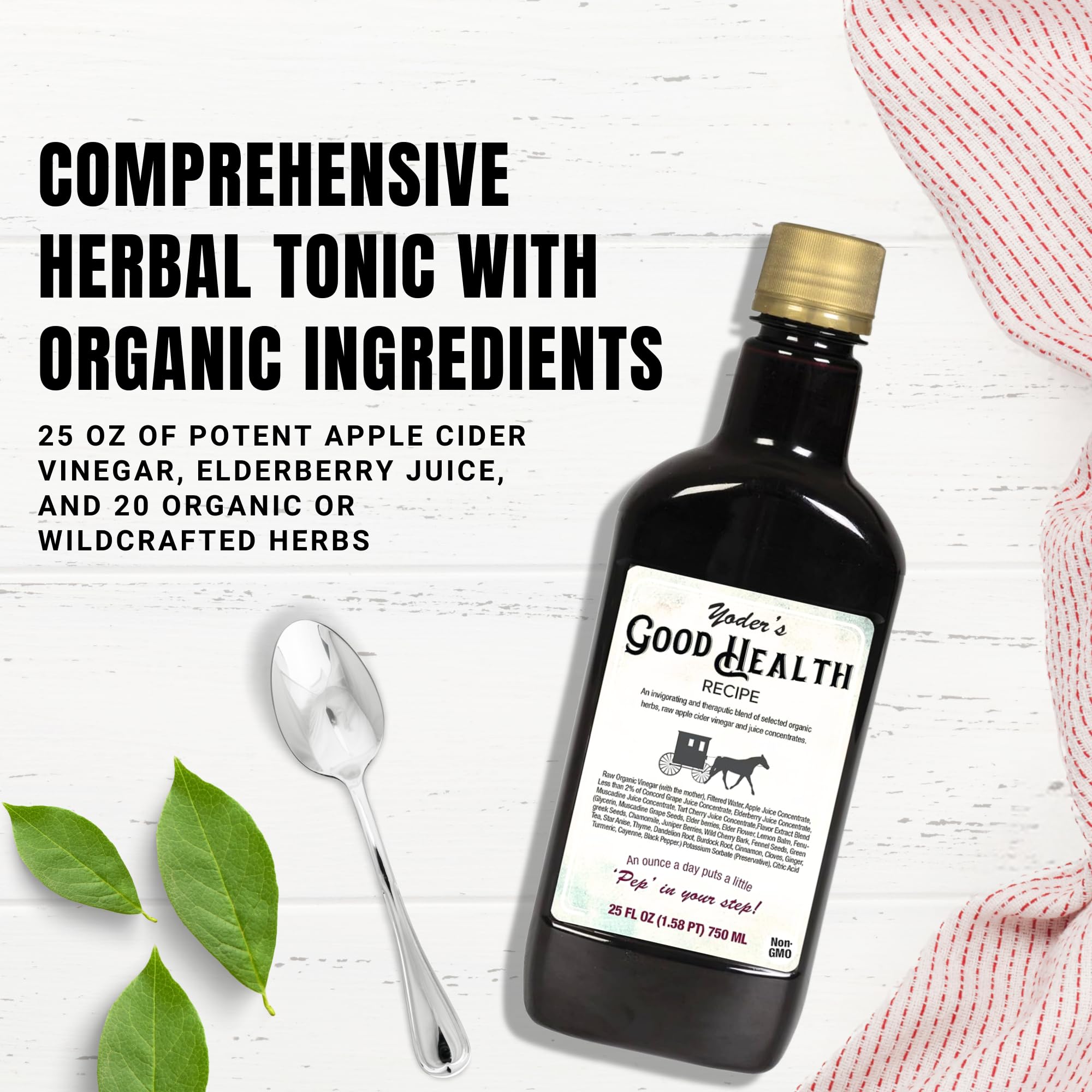 Yoder Naturals botella abierta vertiendo tónico, fácil de usar diariamente