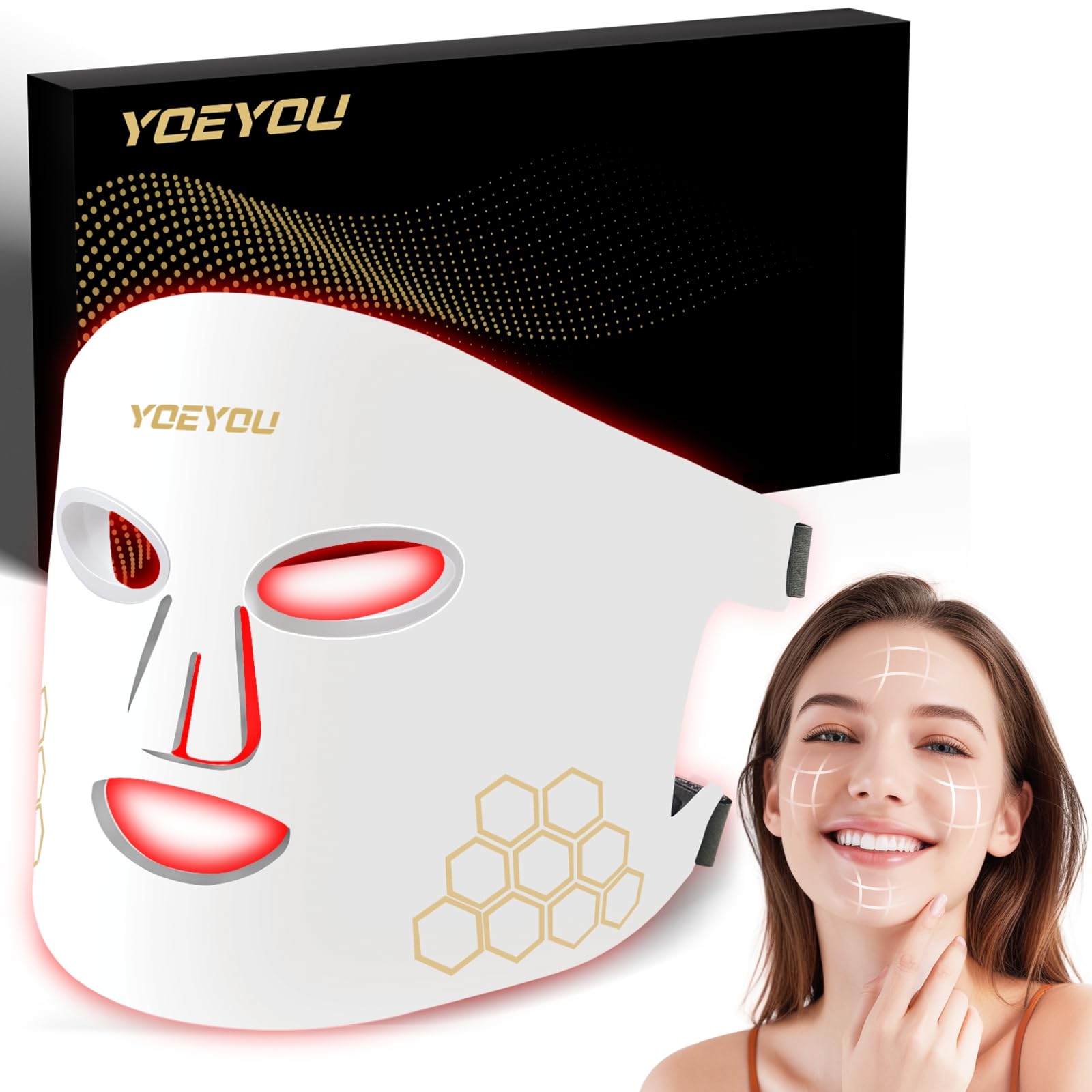 YOEYOU máscara frontal mostrando la cobertura facial y efecto profesional