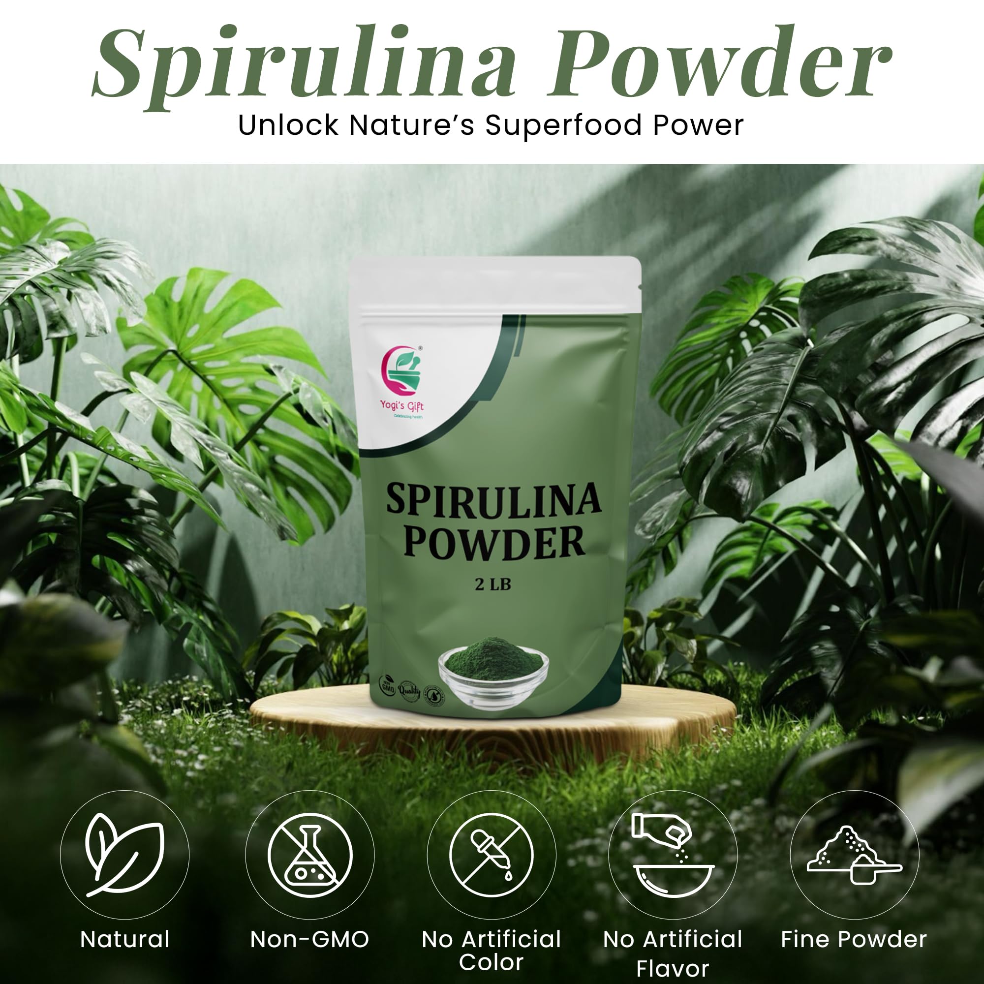 YOGI’S GIFT spirulina mezclada en batido verde, aporte nutritivo visible.