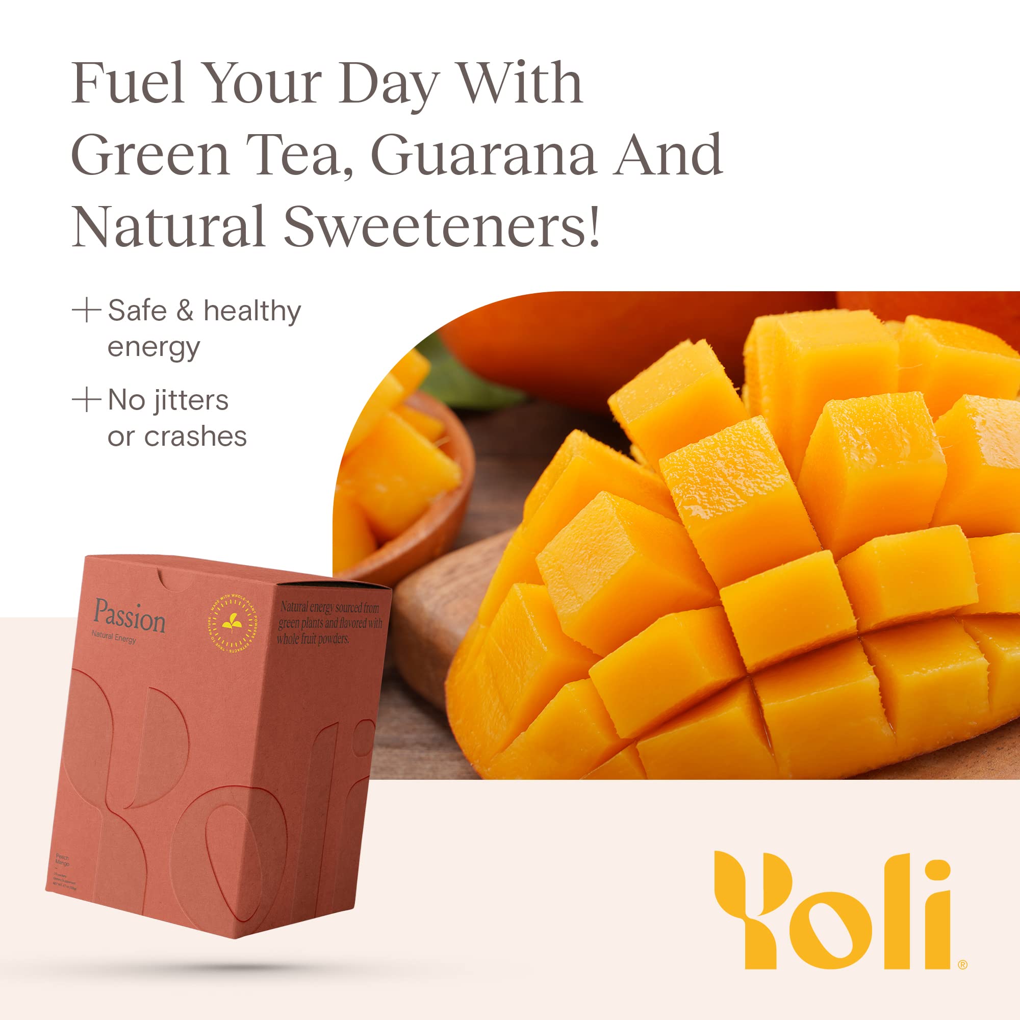 Yoli Passion bebida servida en vaso, sabor peach mango refrescante