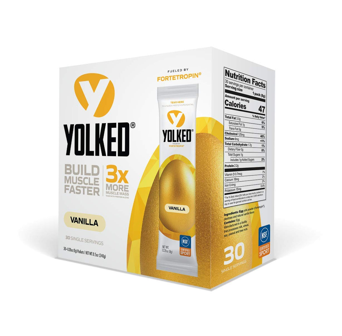 YOLKED frente del empaque mostrando 30 sobres y ventaja de portabilidad