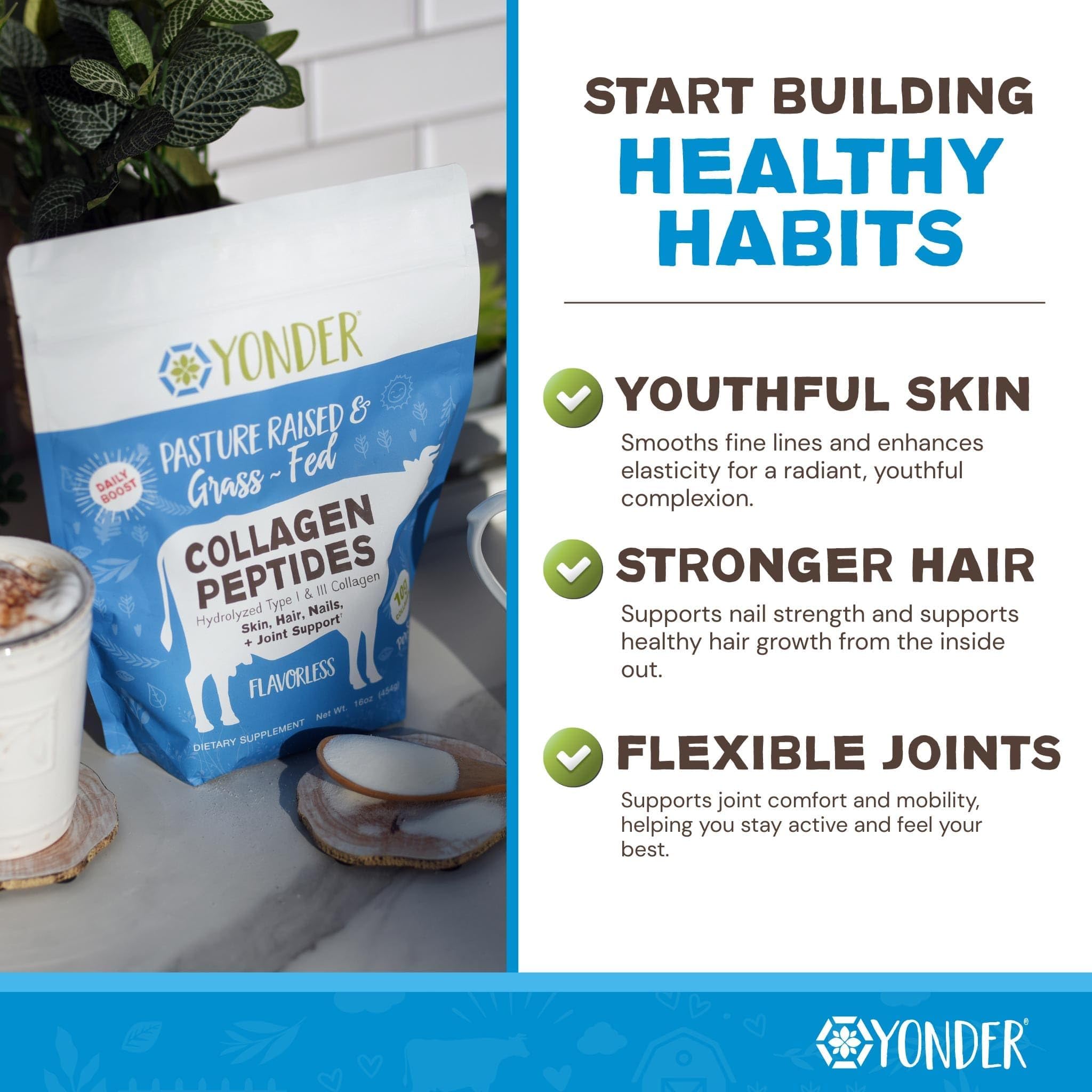 Yonder colágeno mezclado en smoothie, aporta proteínas sin sabor