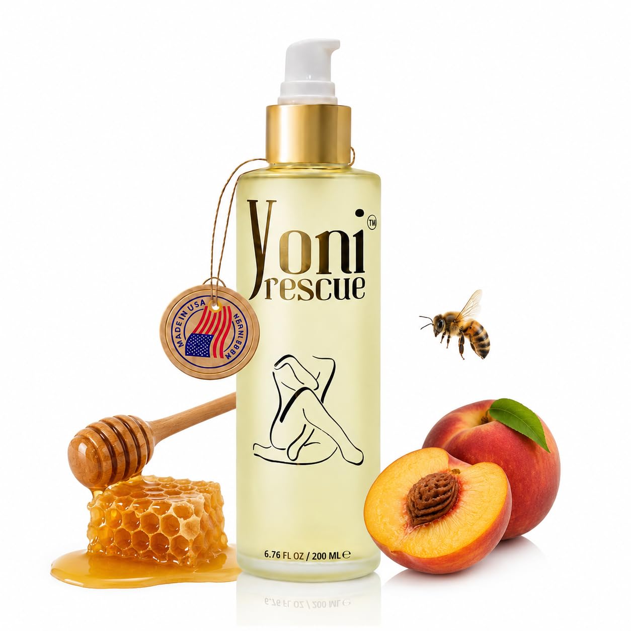 Yoni Rescue frasco frontal durazno mostrando tamaño y etiqueta, hidratación diaria
