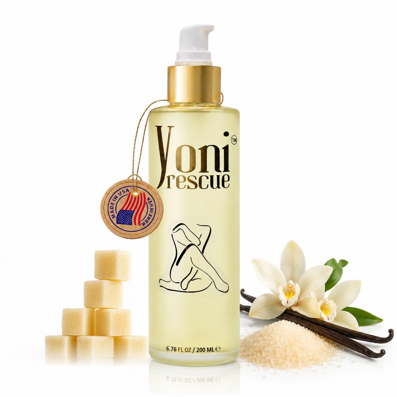 Yoni Rescue frente del envase mostrando la botella y aroma vainilla, aporta confianza