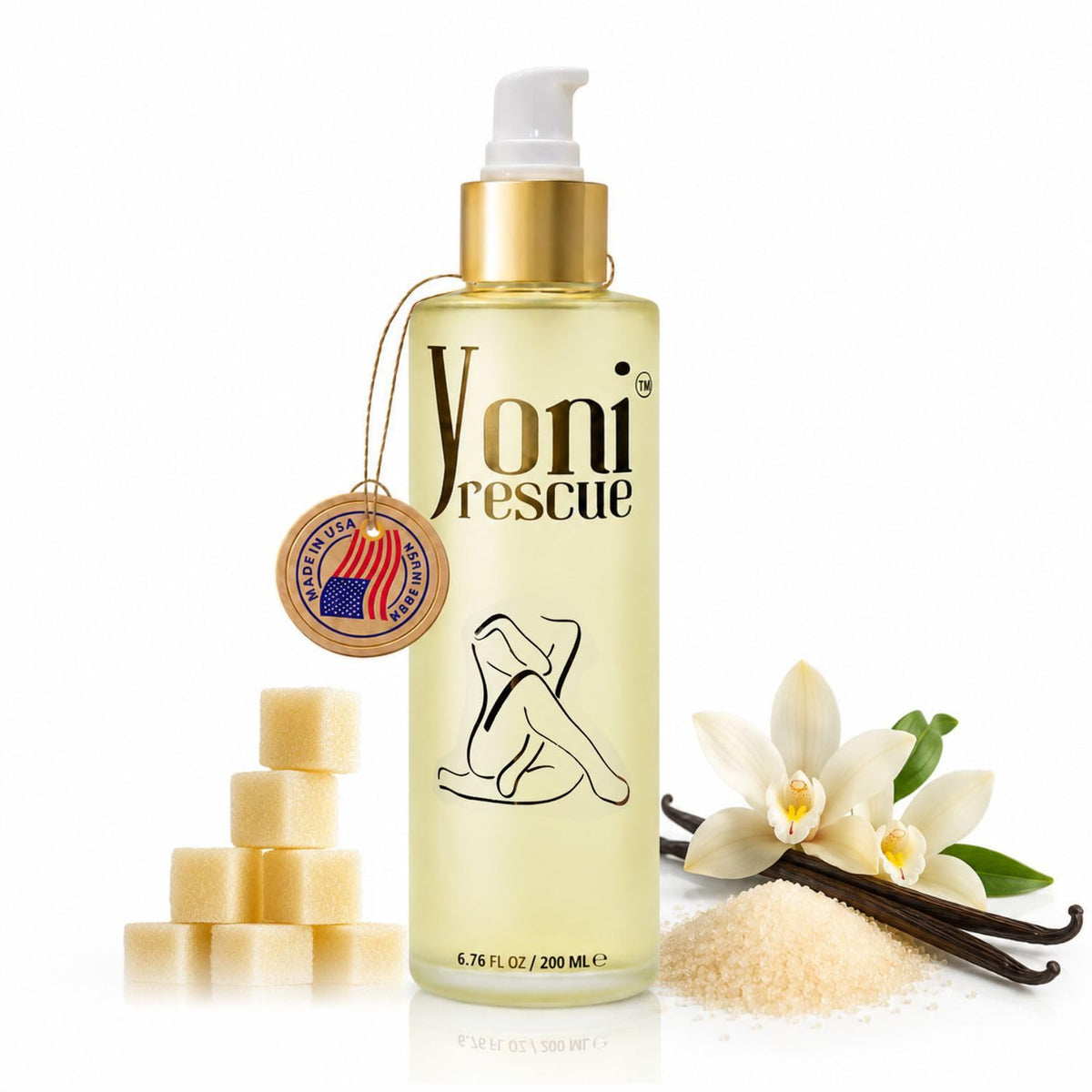 Yoni Rescue frente del envase mostrando la botella y aroma vainilla, aporta confianza