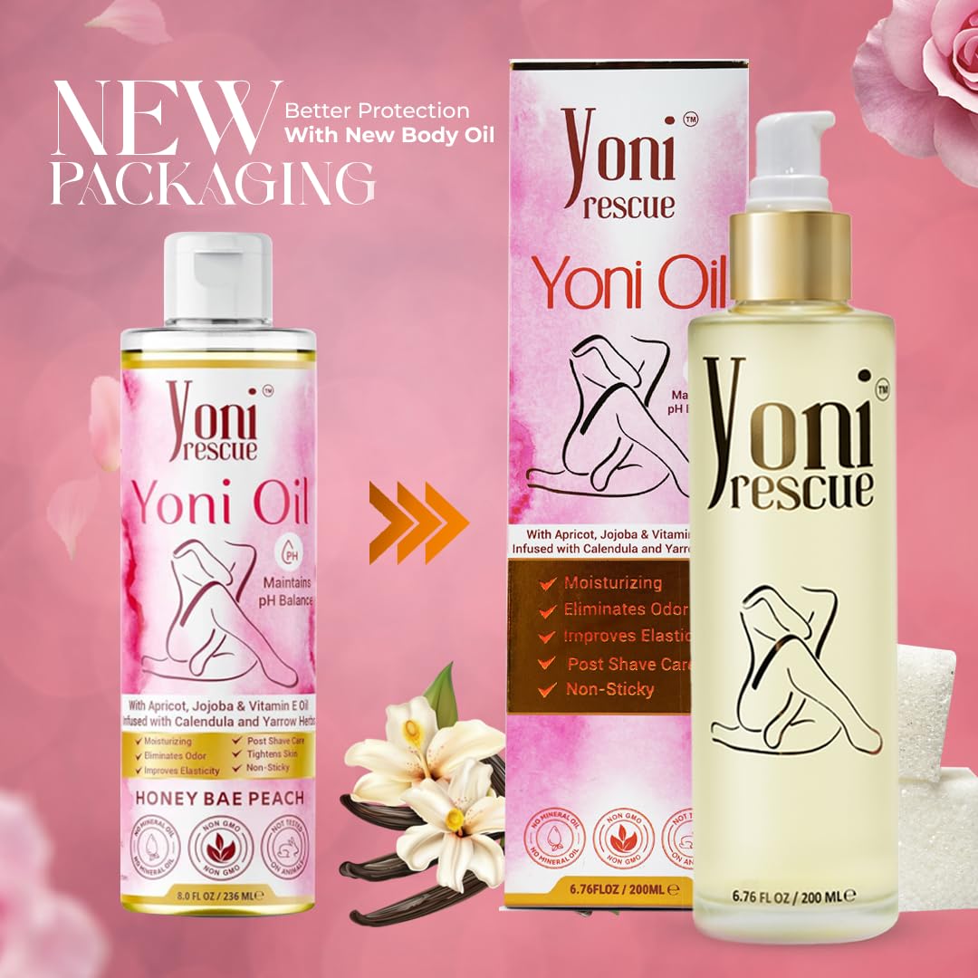 Yoni Rescue tamaño comparado con una mano, indica la capacidad de 200 ml